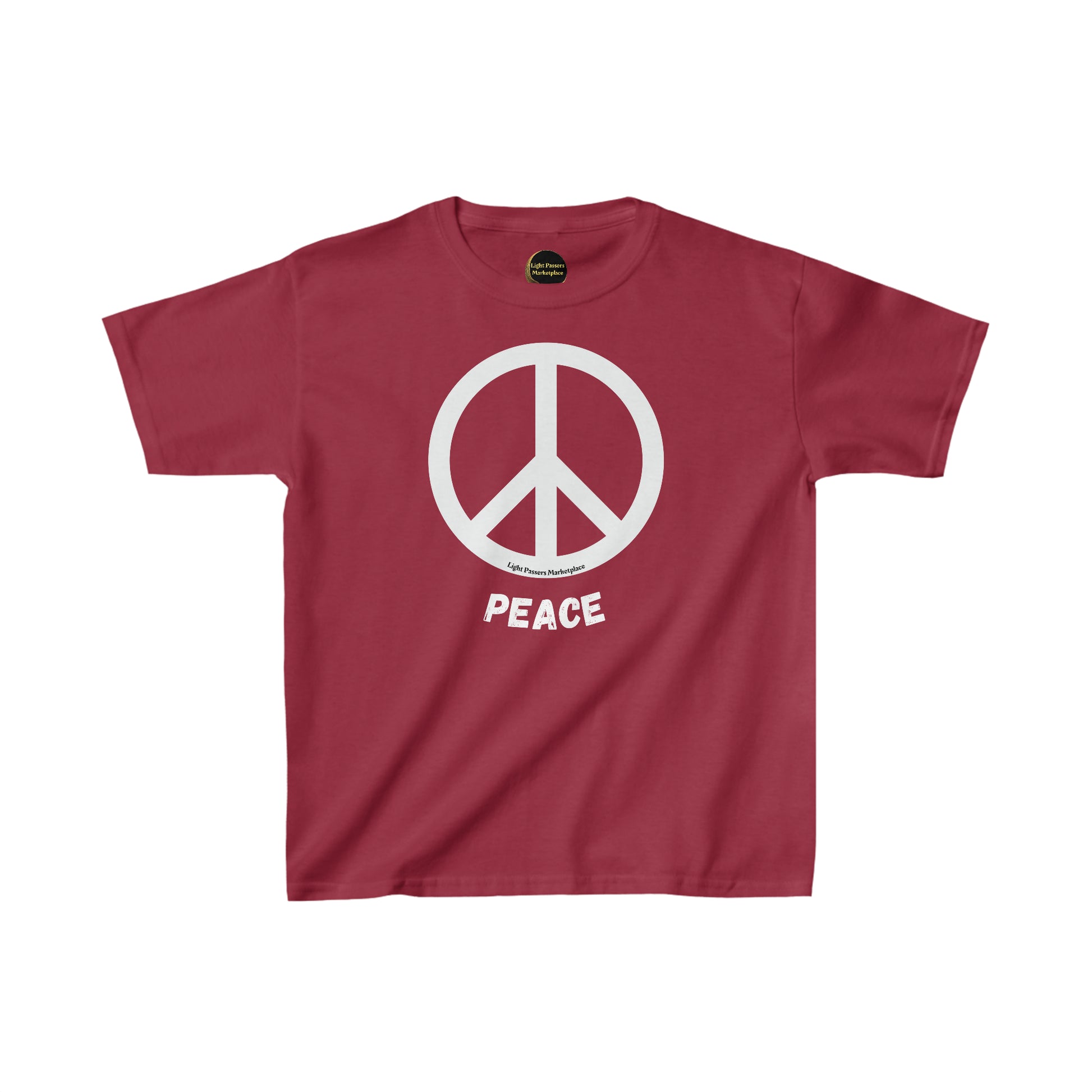 A red youth t-shirt featuring a peace sign symbol. Made of 100% cotton with twill tape shoulders for durability and ribbed collar for curl resistance. Ethically sourced and Oeko-Tex certified.