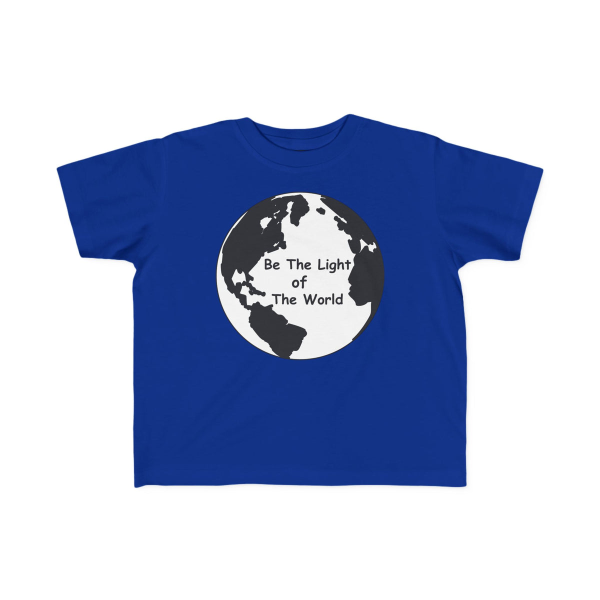 Royal blue toddler T-shirt with crew neck and globe 'Be The Light Of The World' print