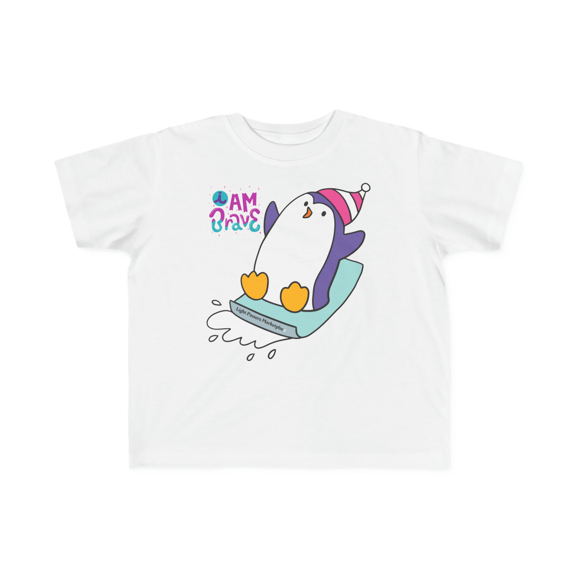 A Brave Penguin Toddler T-shirt with a cartoon penguin design on a white shirt. Soft 100% combed cotton, durable print, perfect for sensitive skin. Classic fit, tear-away label, true to size.