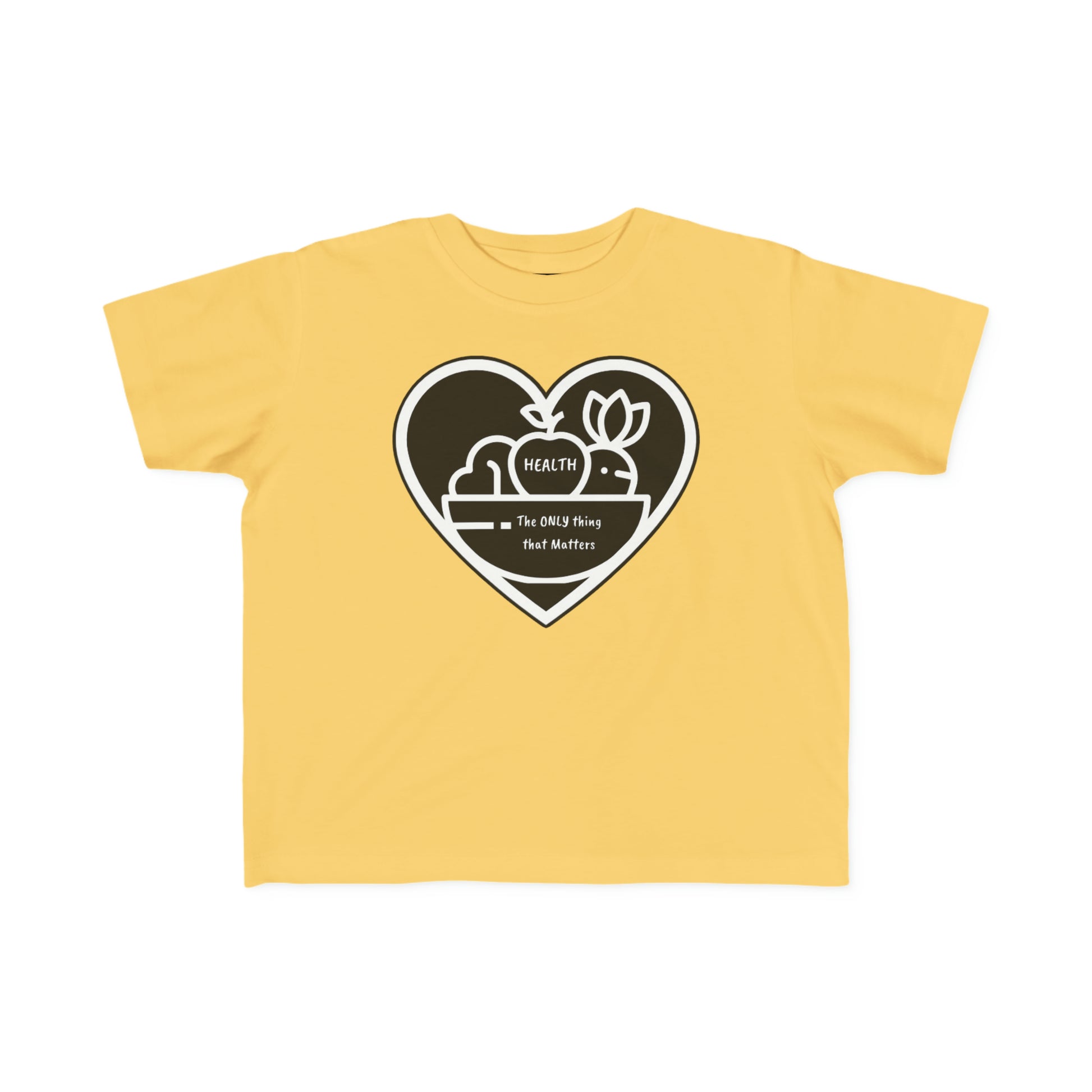 A yellow toddler t-shirt featuring a heart and flower design, with a fruit bowl logo. Made of soft, 100% combed cotton, light fabric, tear-away label, and a classic fit.