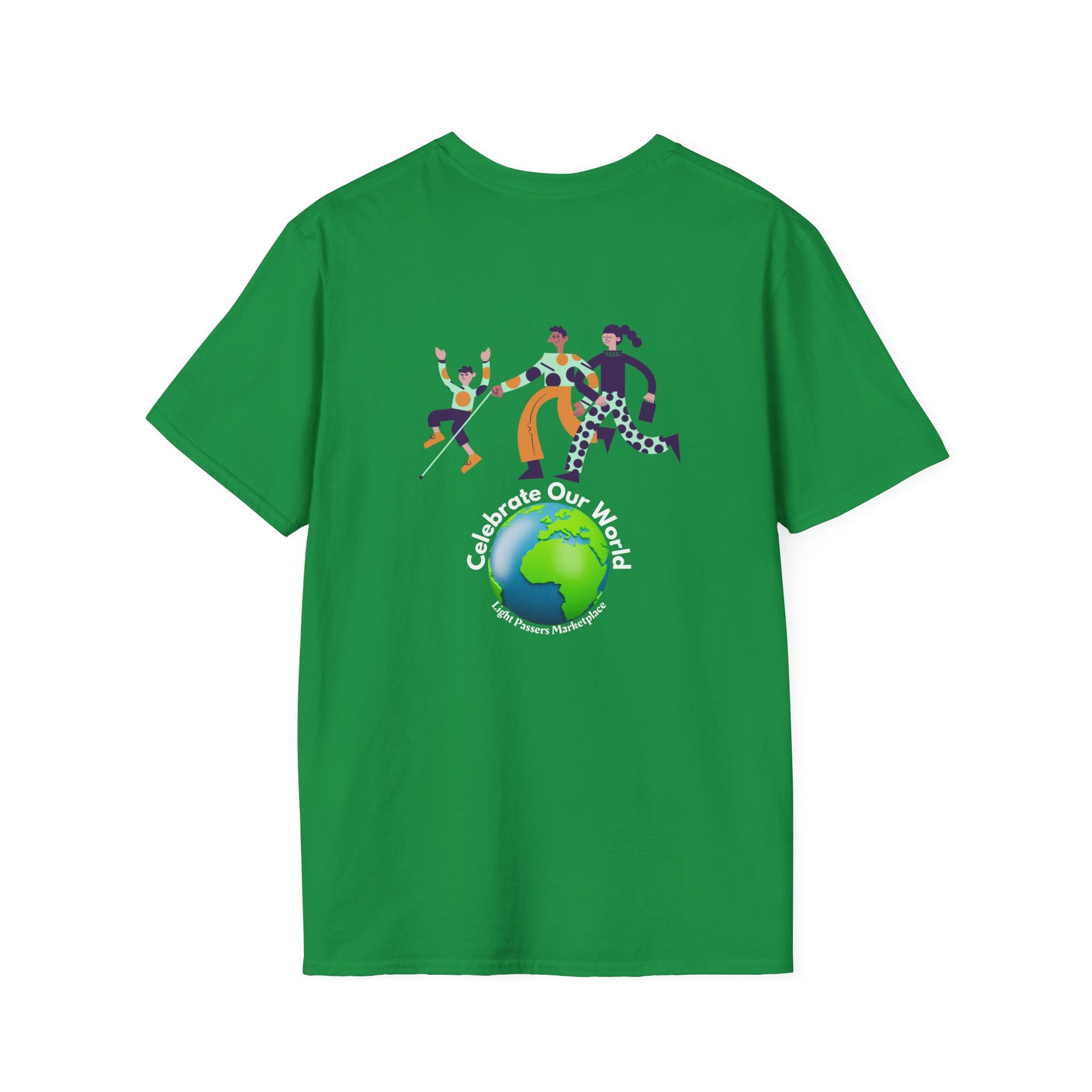 A green unisex t-shirt featuring a clown, globe, and people design. Made of soft 100% ring-spun cotton, with twill tape shoulders and ribbed collar. Ethically sourced and Oeko-Tex certified.