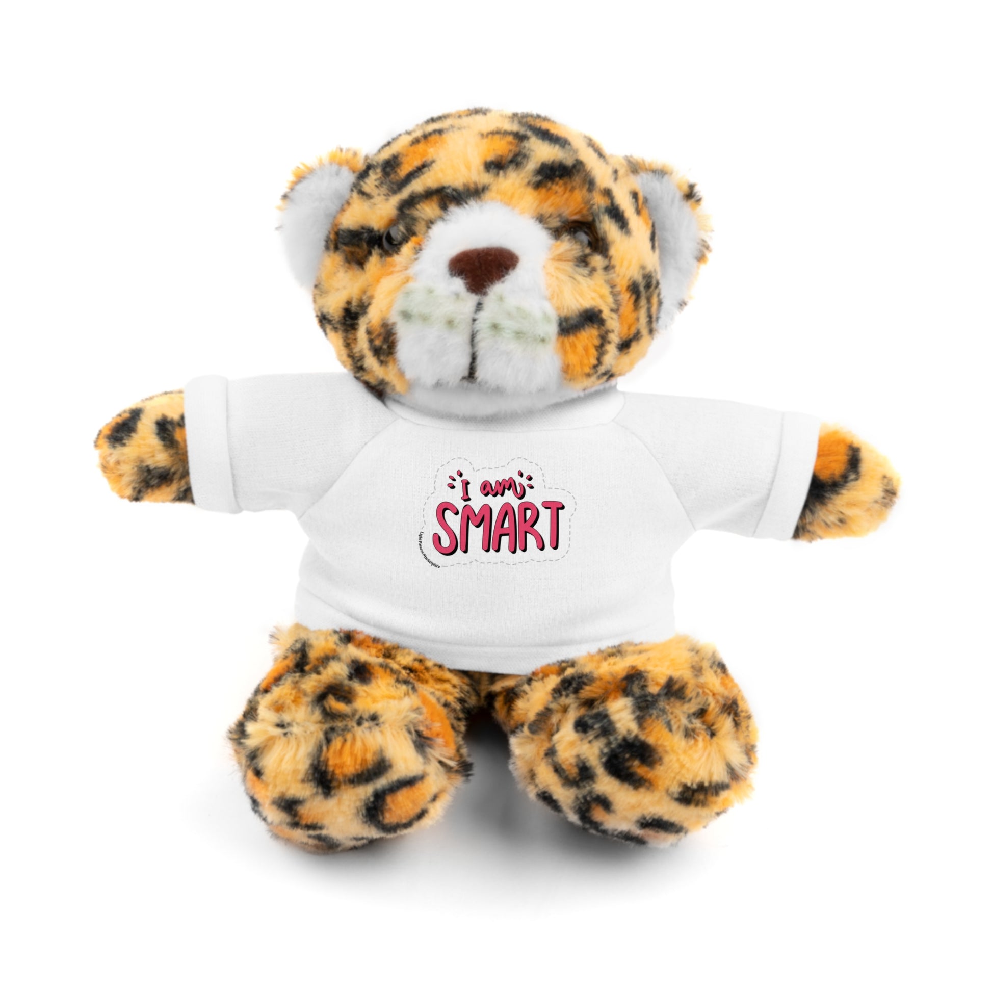Stuffed tiger wearing a white T-shirt with I am Smart message, part of Cool Stuff Stuffies collection, ideal for educational and cuddly fun.