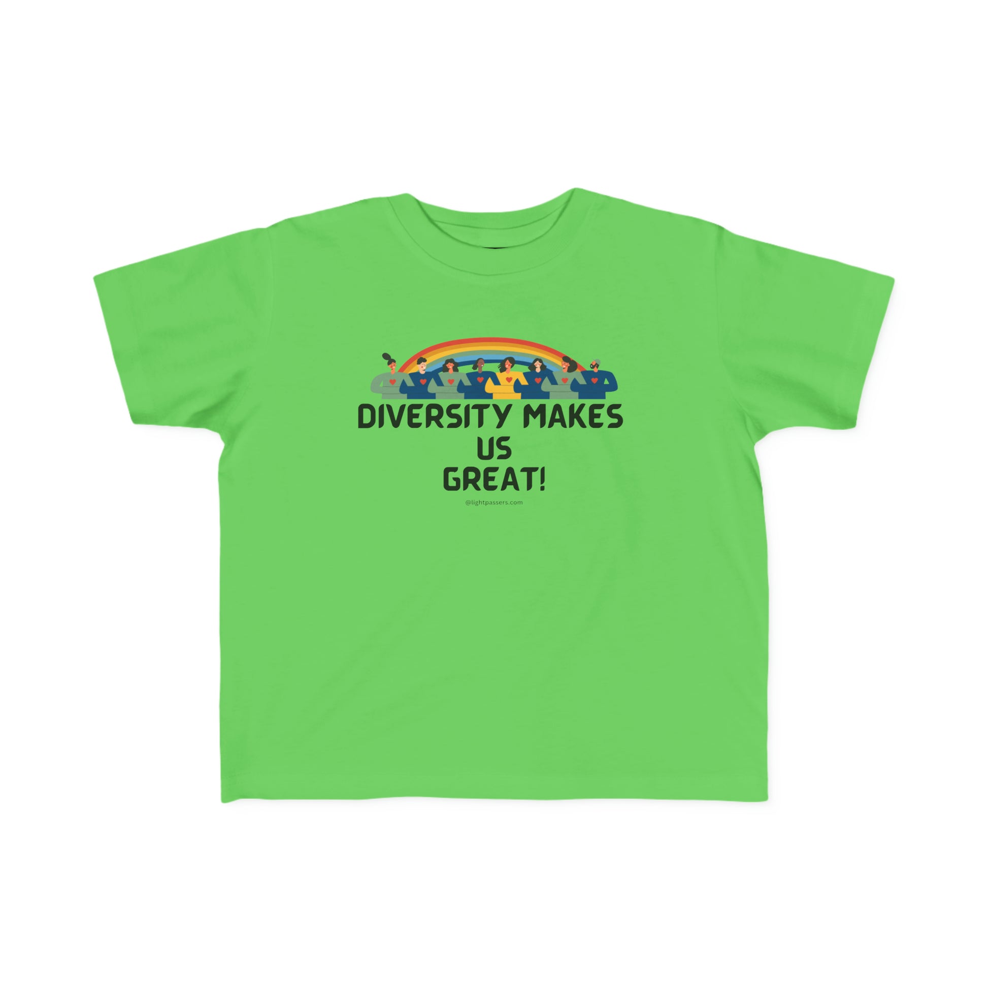 A toddler tee featuring Diversity Makes Us Great text with a rainbow design. Made of soft, durable 100% combed cotton, light fabric, tear-away label, and a classic fit.