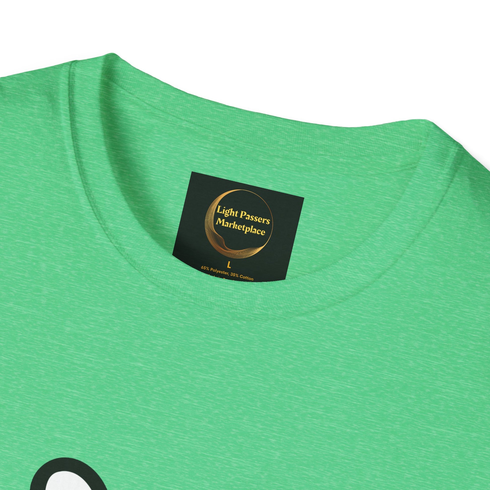 Soccer Dog Unisex T-Shirt from Light Passers Marketplace, featuring a heathered green fabric with a black neck label and partially visible black-and-white front graphic.