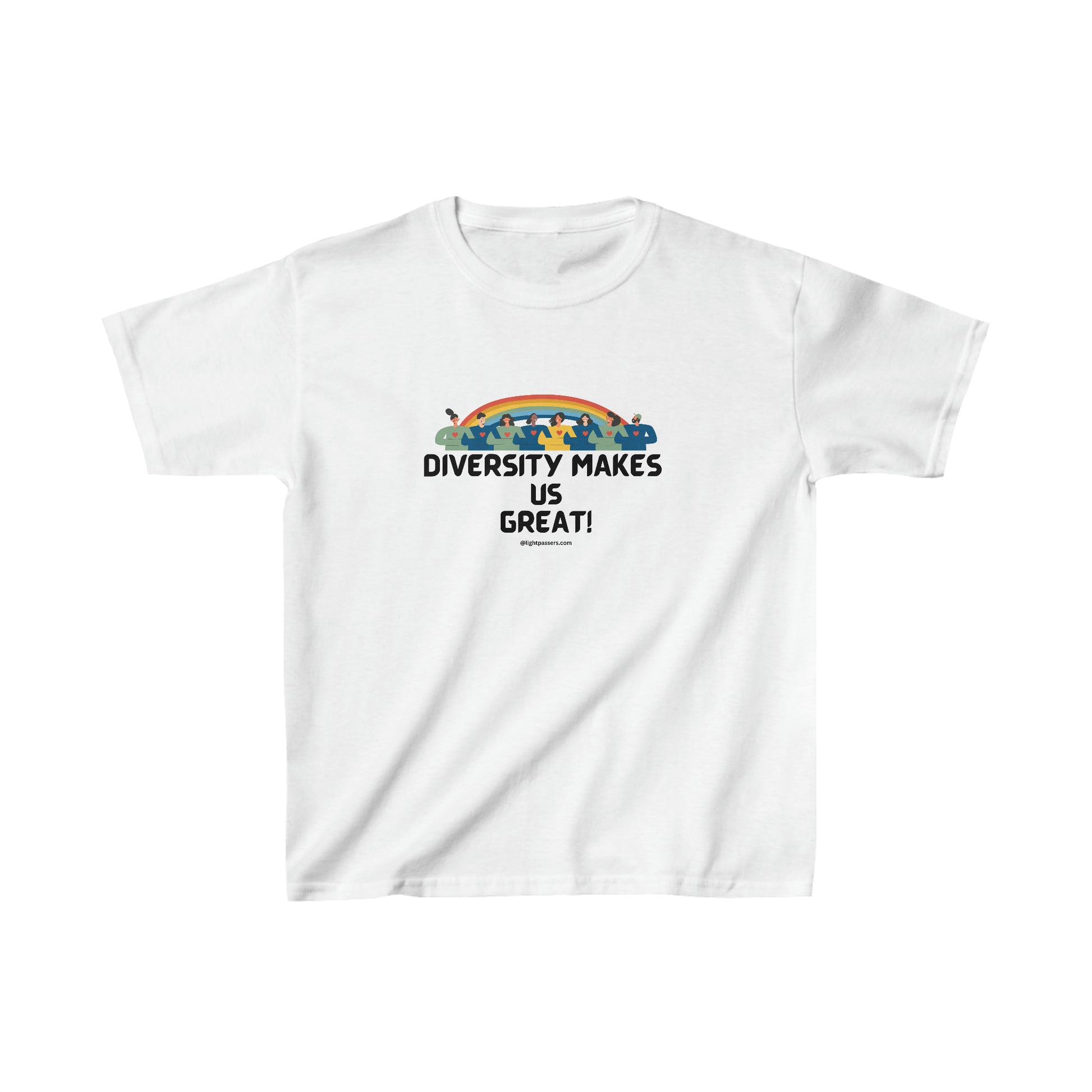 Youth t-shirt featuring a rainbow design, ideal for daily wear. Made of 100% cotton with twill tape shoulders for durability and ribbed collar for curl resistance. No side seams.