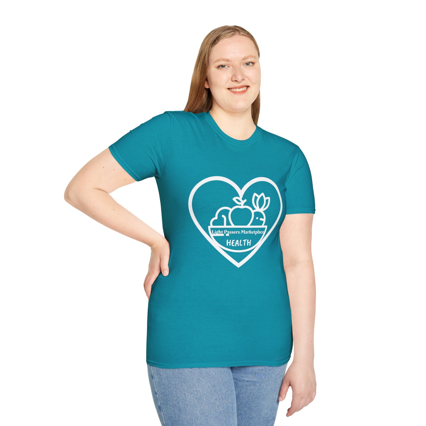 A woman in a blue shirt, close-up of shirt and jeans, showcasing Light Passers Marketplace Fruit Basket Unisex T-Shirt. Made of soft 100% cotton, with twill tape shoulders, no side seams, and ribbed collar for durability and comfort.