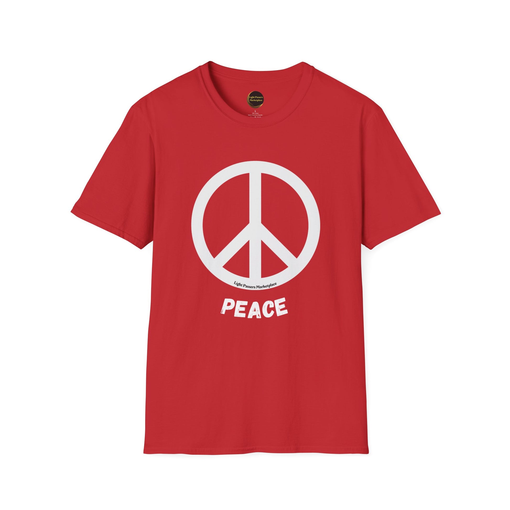 Unisex red t-shirt with peace symbol, made from soft 100% ring-spun cotton. Features twill tape shoulders, ribbed collar, and tear-away label for comfort. Ethically produced by Gildan.