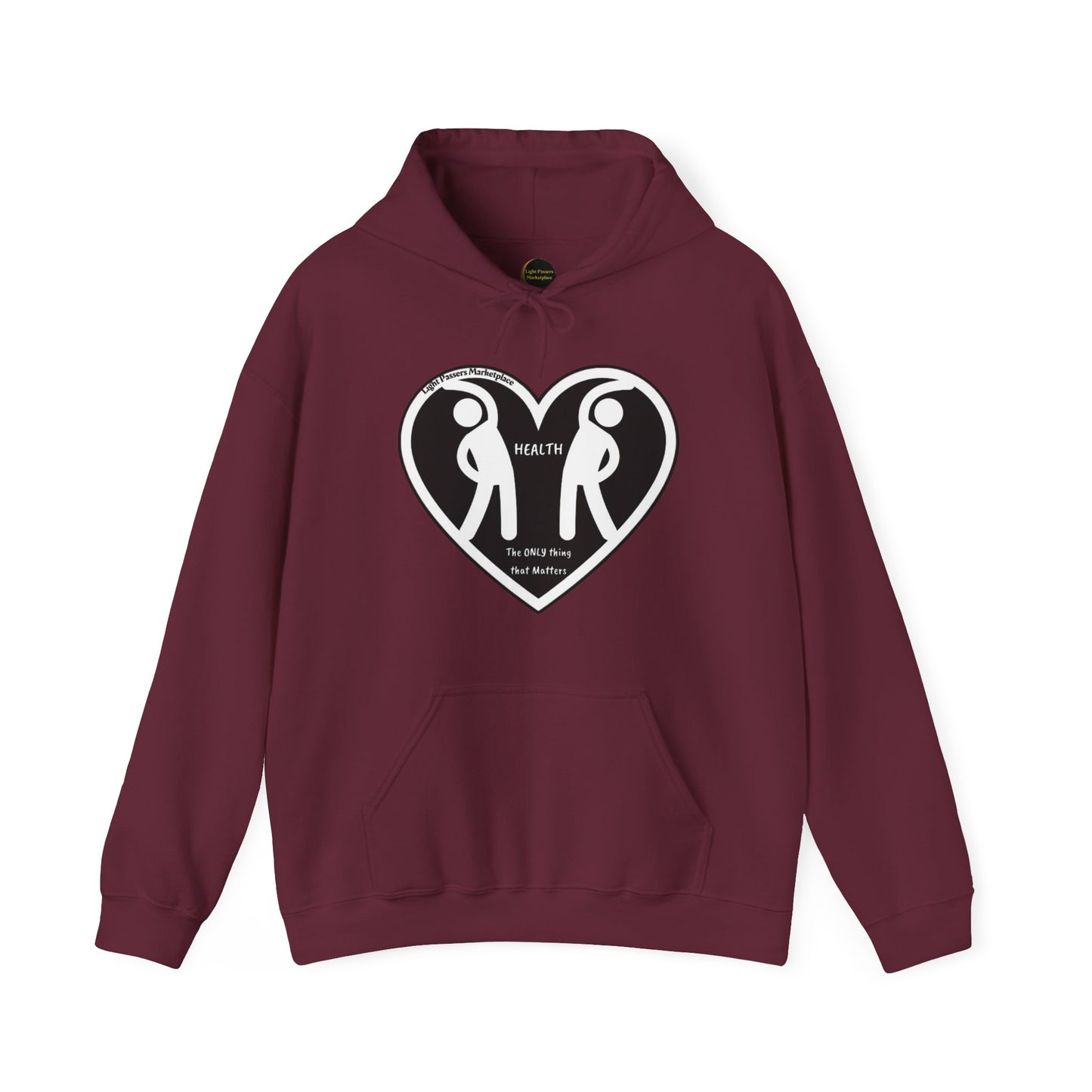 A maroon hooded sweatshirt featuring a heart design with two people, made of a cozy cotton-polyester blend for warmth and comfort. Kangaroo pocket and color-matched drawstring for style and practicality.