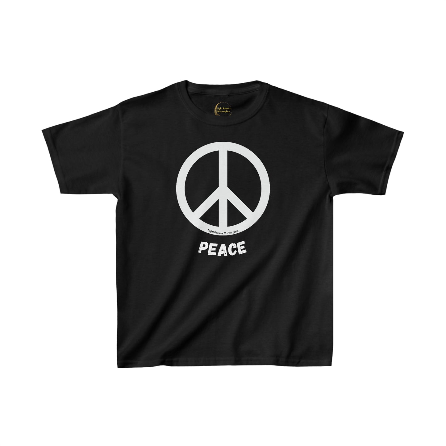 Youth black shirt featuring a peace sign symbol. Made of 100% cotton for comfort and durability. Classic fit with tear-away labels for a seamless experience.