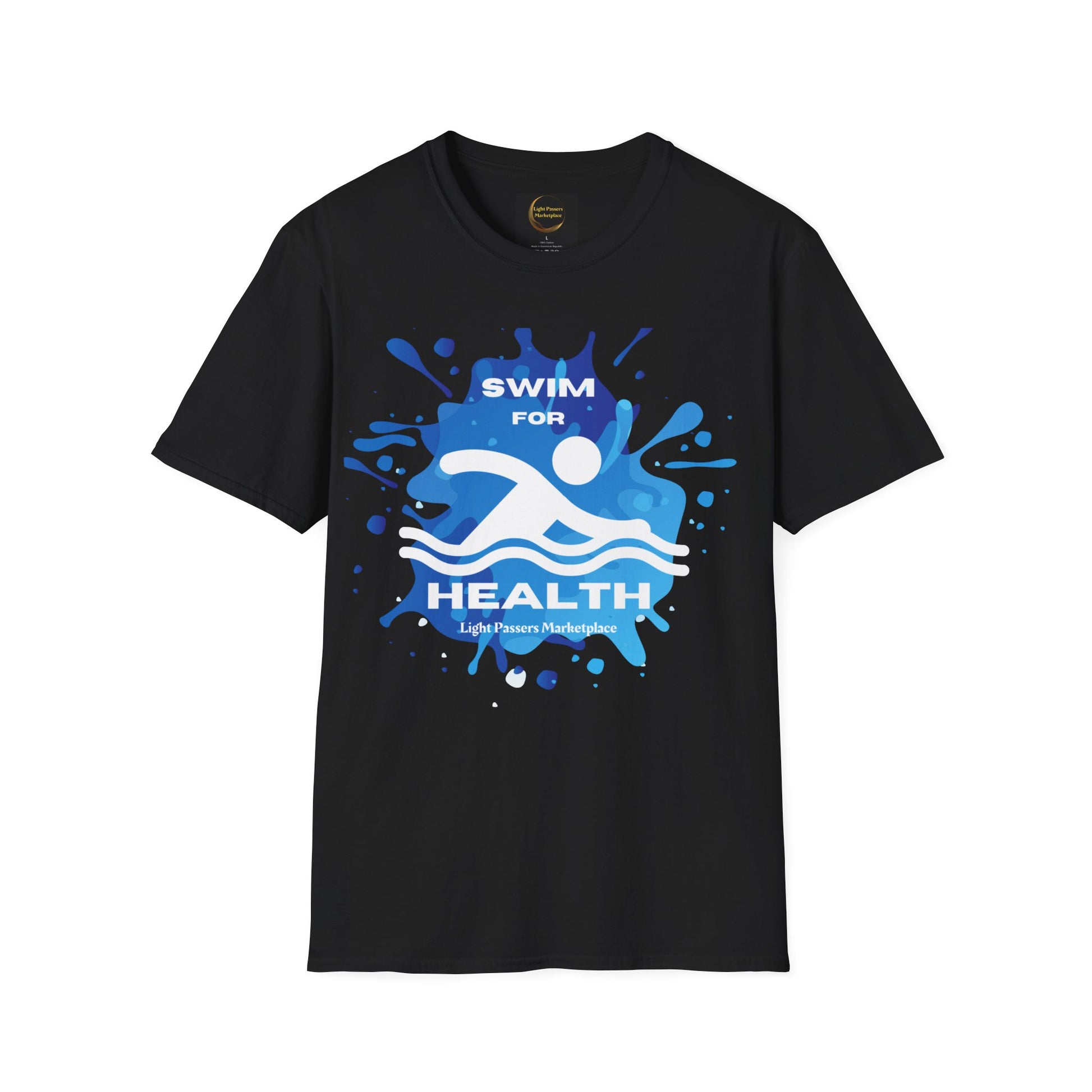 A black unisex t-shirt with a blue and white design, made from soft 100% ring-spun cotton. Features twill tape shoulders, ribbed collar, and tear-away label for comfort.