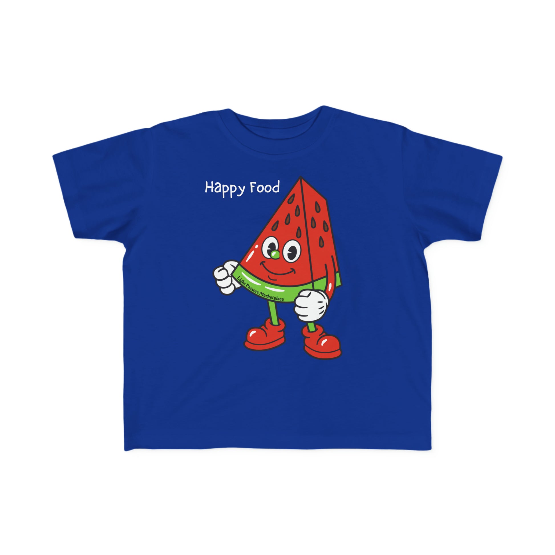 A blue toddler t-shirt featuring a cartoon watermelon character with arms and legs. Made of 100% combed, ring-spun cotton, soft for sensitive skin, with a durable print.