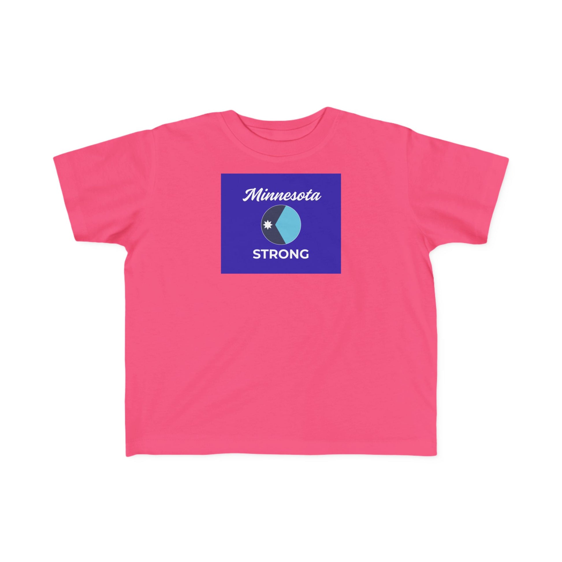 Bright pink toddler tee with Minnesota STRONG graphic, showcasing resilience and community spirit. Ideal for adventurous play and layering, from Light Passers Marketplace.