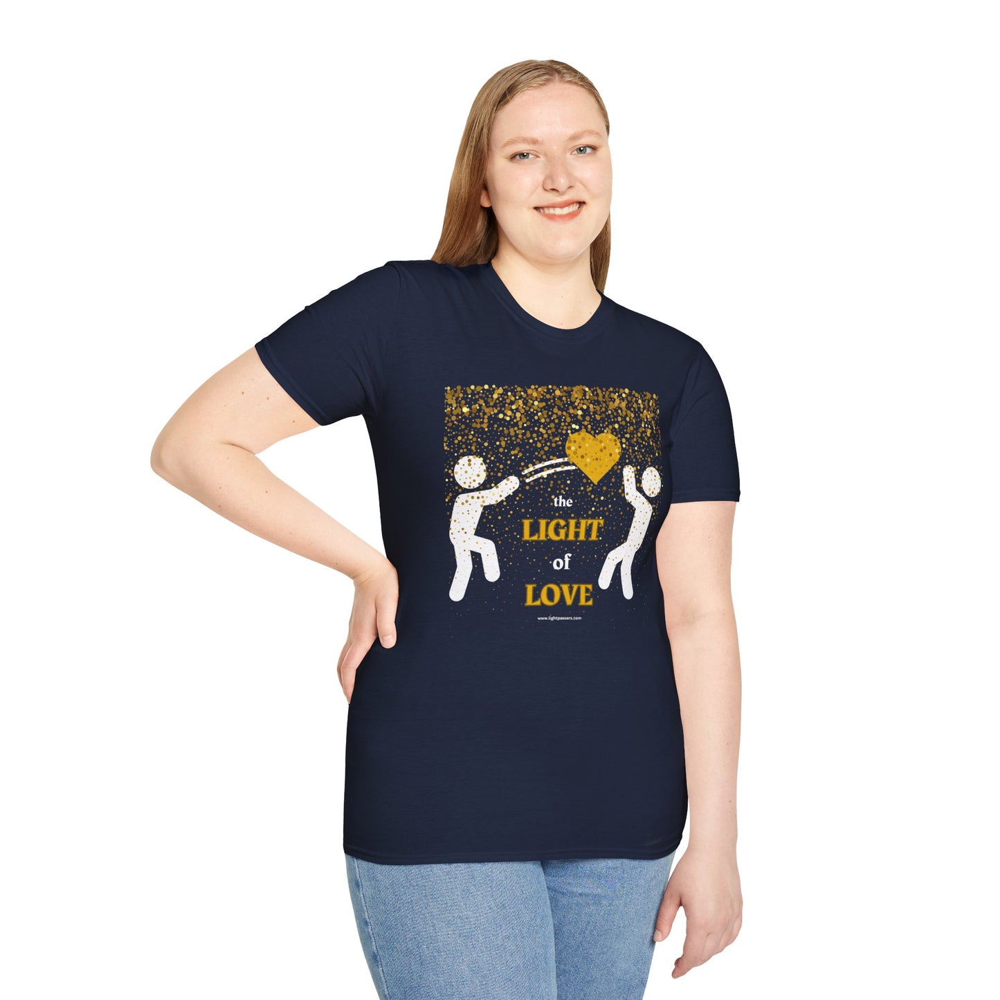 Light Passers Marketplace PASS the LIGHT of LOVE 2 figures gold heart Unisex Soft T-Shirt  Simple Messages, Mental Health
