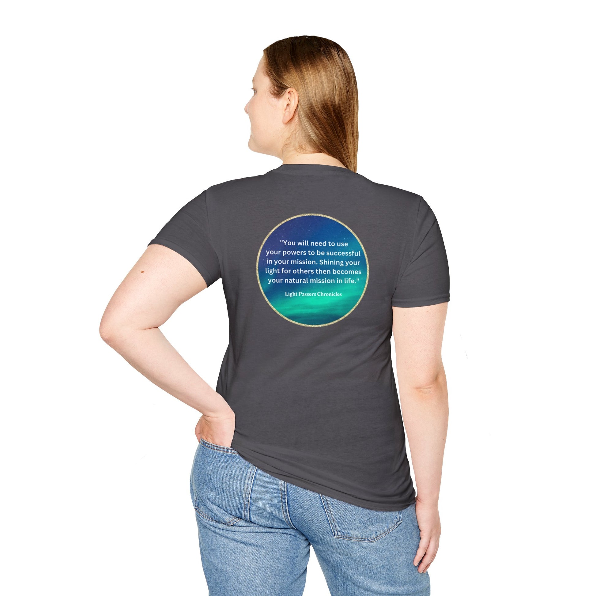 Unisex heavy cotton tee with a turquoise circle design on the back. Smooth surface for vivid printing, no side seams, durable tape on shoulders. Classic fit, 100% cotton.