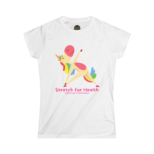 Women's Tee - Magical Unicorn Stretch for Health, featuring a cartoon unicorn in a yoga pose with text, Stretch for Health, from Light Passers Marketplace.