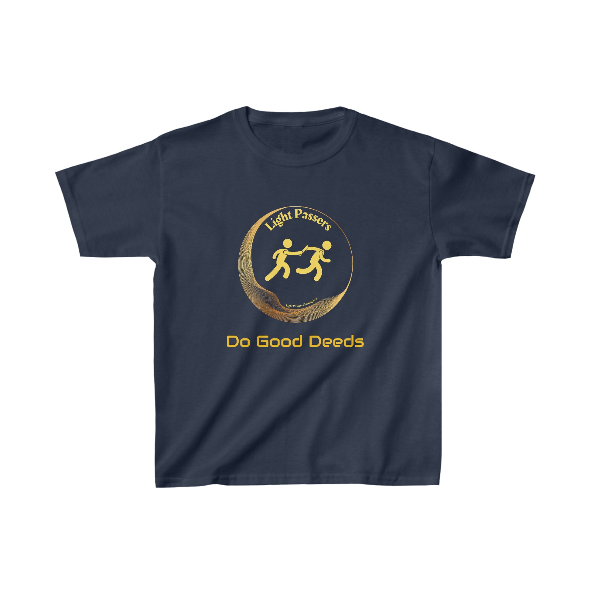 Youth blue t-shirt with logo of two running figures, ideal for daily wear. Made of 100% cotton with twill tape shoulders and ribbed collar. Midweight fabric, tear-away label, classic fit.