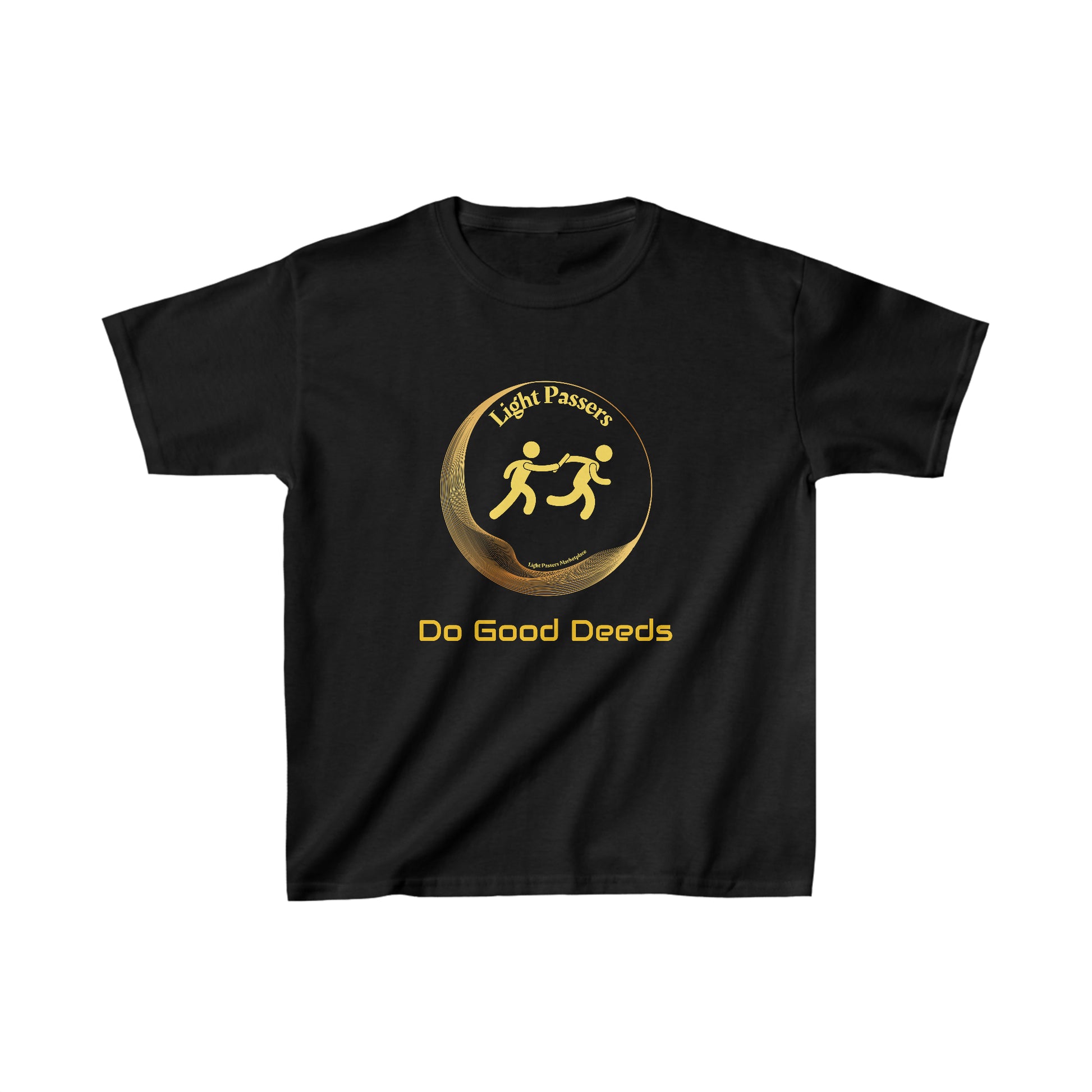 Youth black t-shirt featuring yellow Light Passers Relay Do Good Deeds text and a running couple logo. 100% cotton, twill tape shoulders, tear-away label, classic fit.