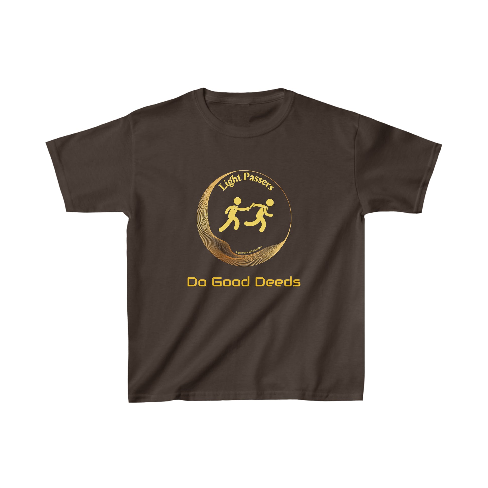 Youth t-shirt with a logo of two people running, ideal for everyday wear. Made of 100% cotton, featuring twill tape shoulders and ribbed collar for durability. No side seams.