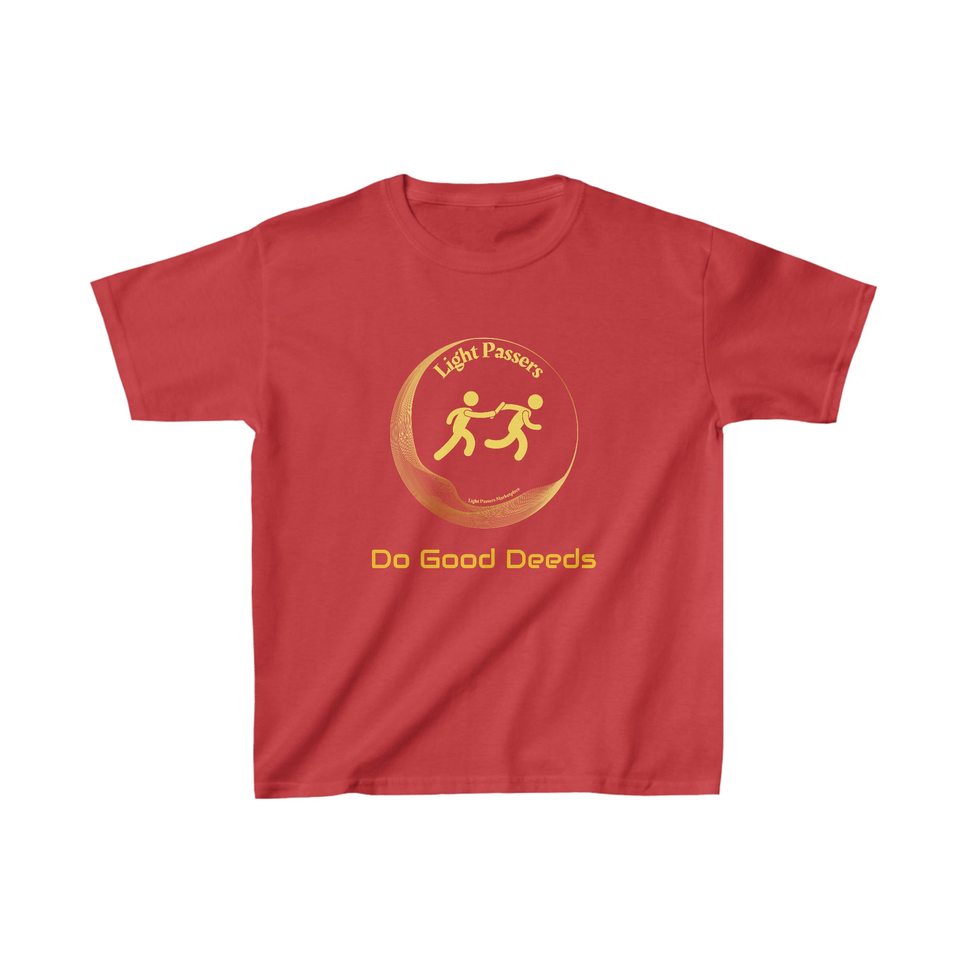 A kids' heavy cotton tee with a logo of two people running, ideal for daily wear. Made of 100% cotton (varies by color) and polyester for heather tones. Durable twill tape shoulders, ribbed collar, no side seams.