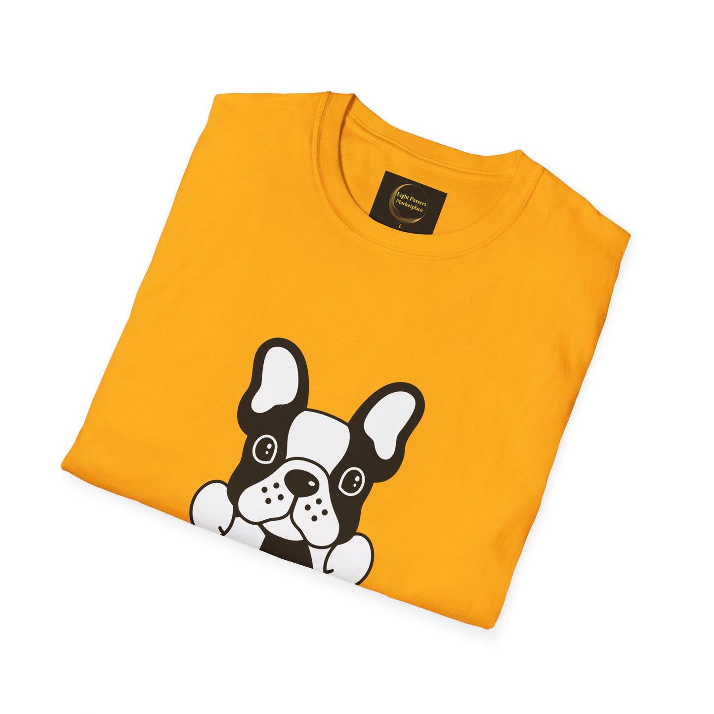 Soccer Dog Unisex T-Shirt featuring a cartoon French bulldog face and paws, folded neatly, showcasing its soft, durable cotton fabric and classic fit design.