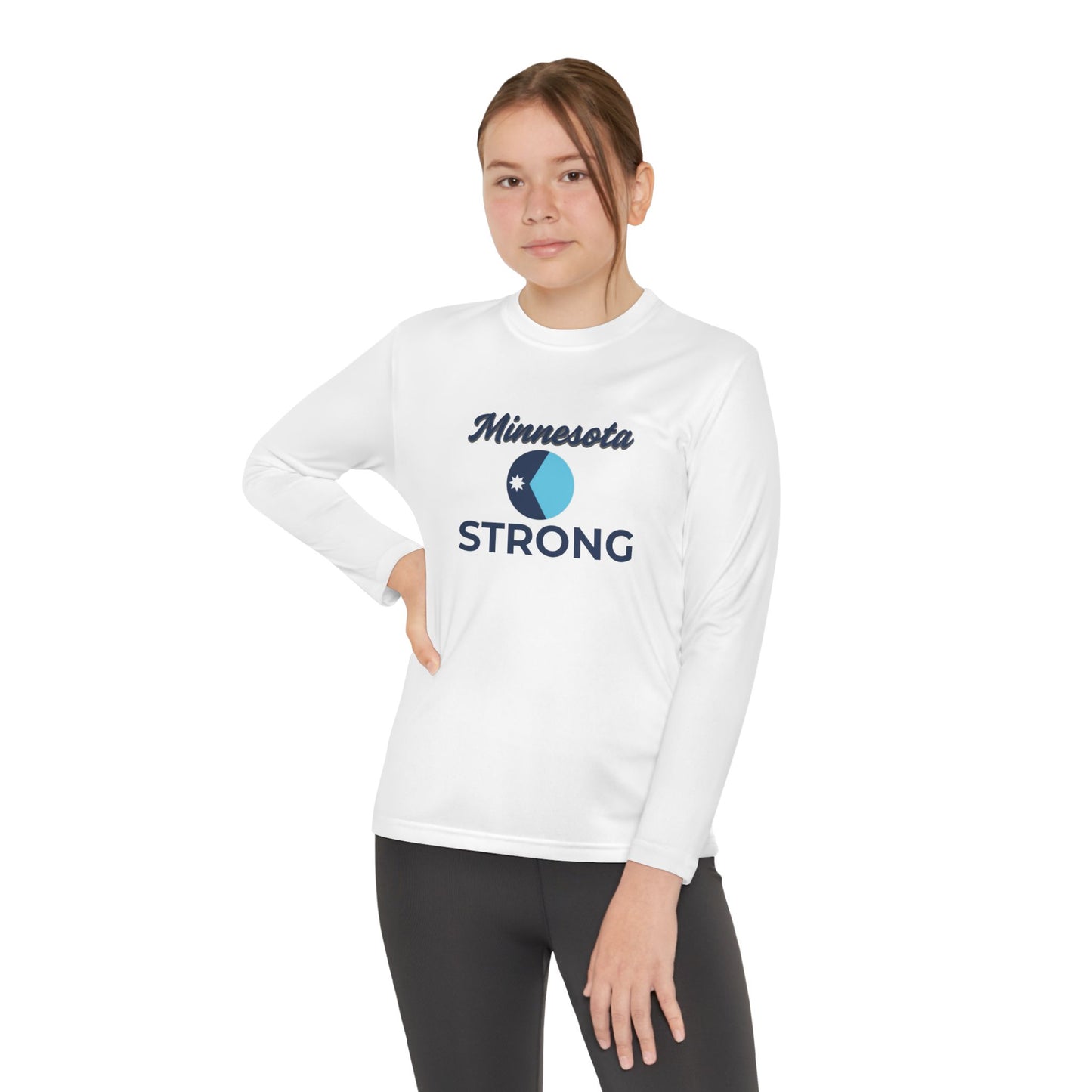 Young woman wears the Love and Peace The Light Youth Minnesota Strong Long Sleeve Tee, showcasing regional pride with Minnesota Strong graphic.