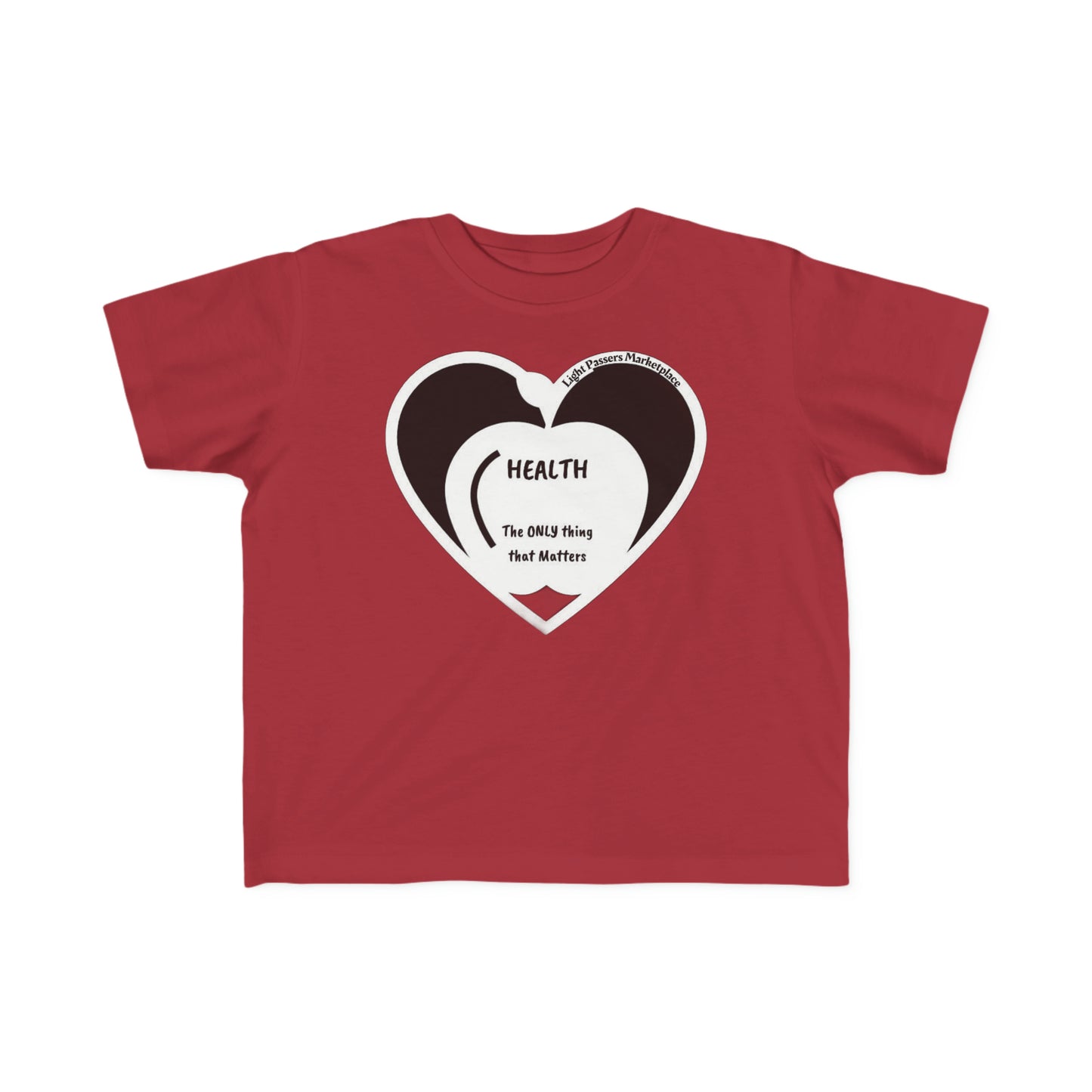 A red toddler t-shirt with a heart design and text, made of soft, durable cotton for sensitive skin. Classic fit, tear-away label, perfect for little adventurers.