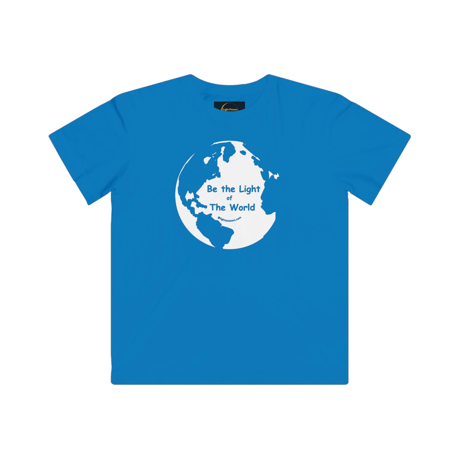 Youth t-shirt featuring a blue shirt with a white globe design. Made of soft cotton, light fabric, regular fit, tear away label. Be the Light of the World theme.