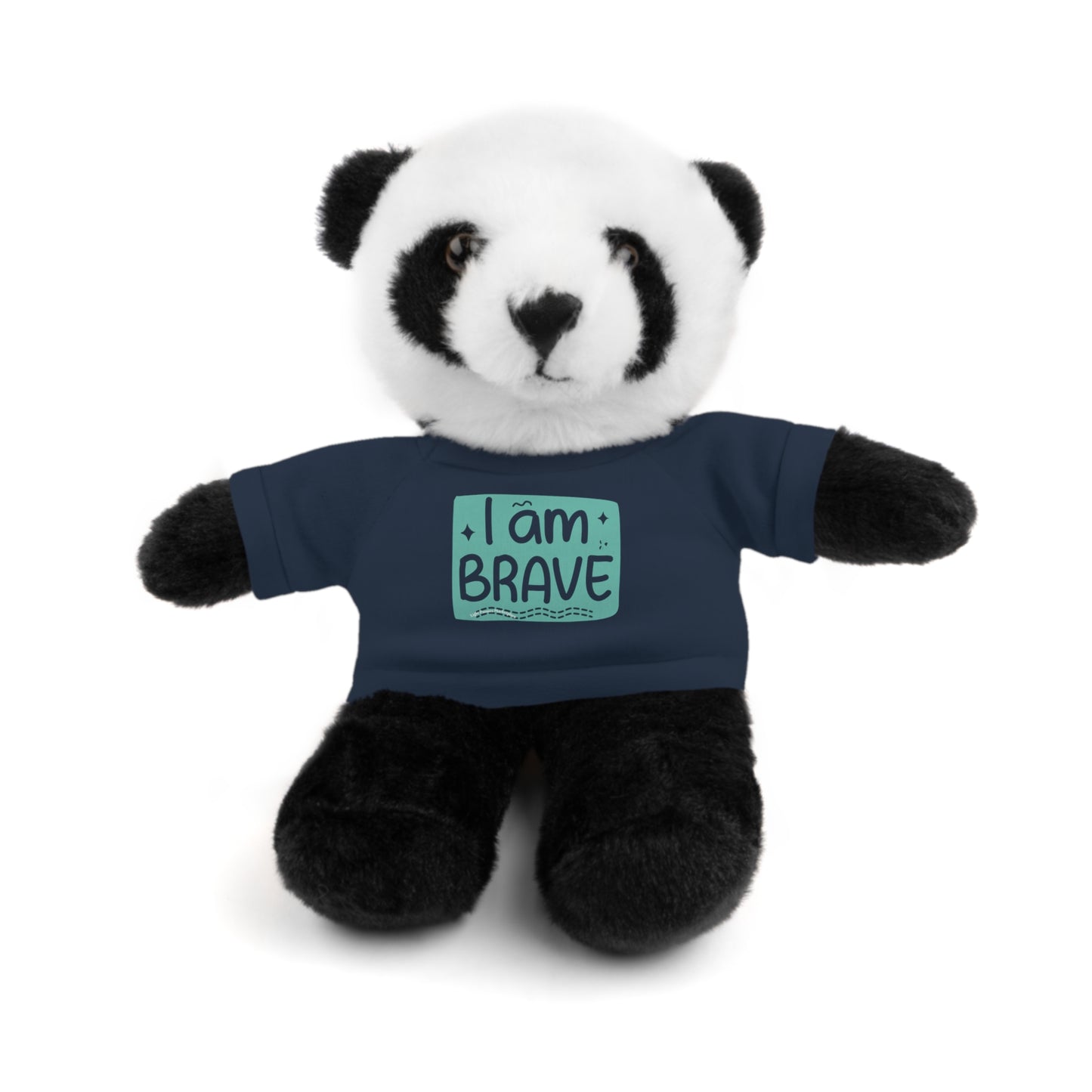 Stuffed panda bear wearing a blue shirt with I am Brave message from Cool Stuff Stuffies, part of a customizable plush animal collection.
