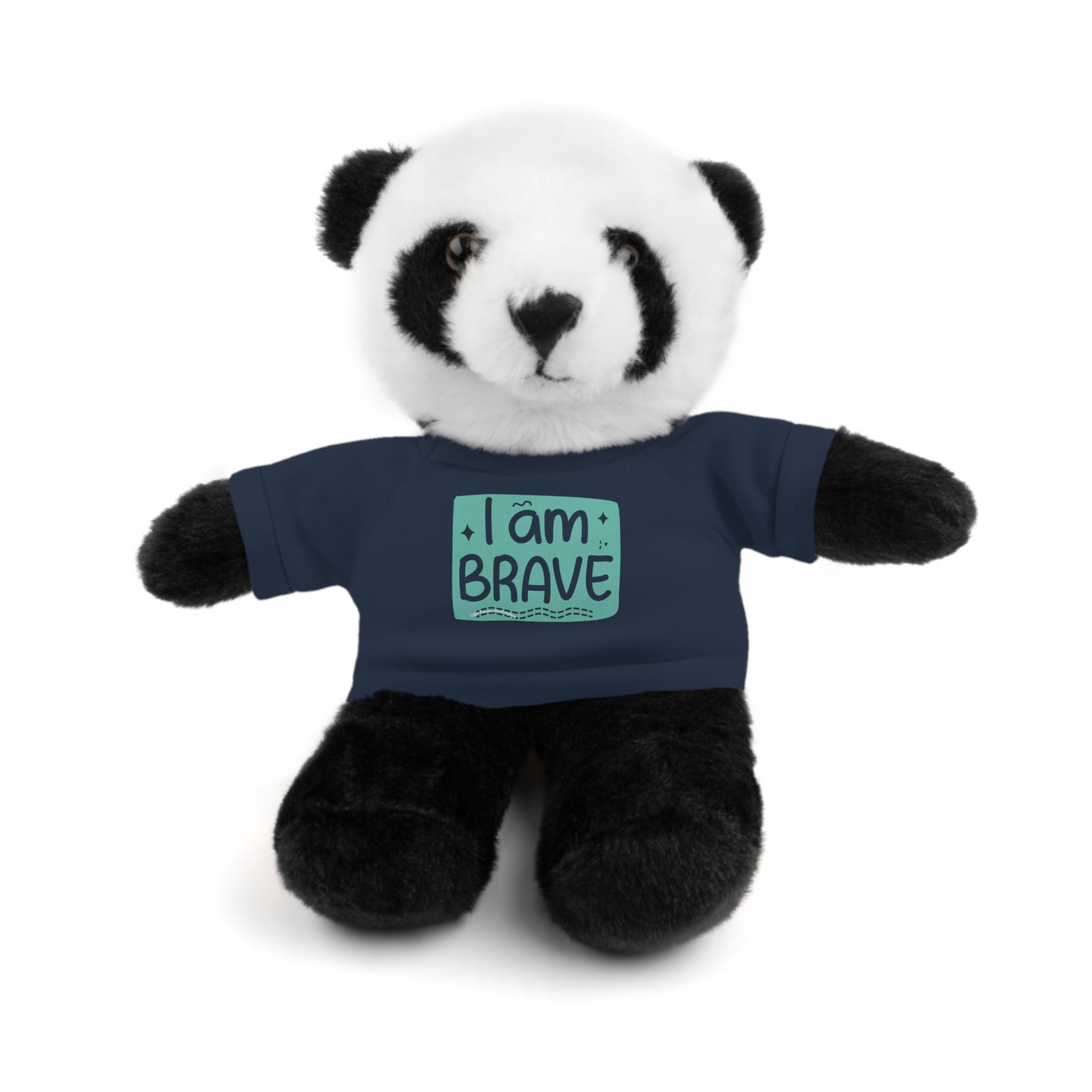 Stuffed panda bear wearing a blue shirt with I am Brave message from Cool Stuff Stuffies, part of a customizable plush animal collection.