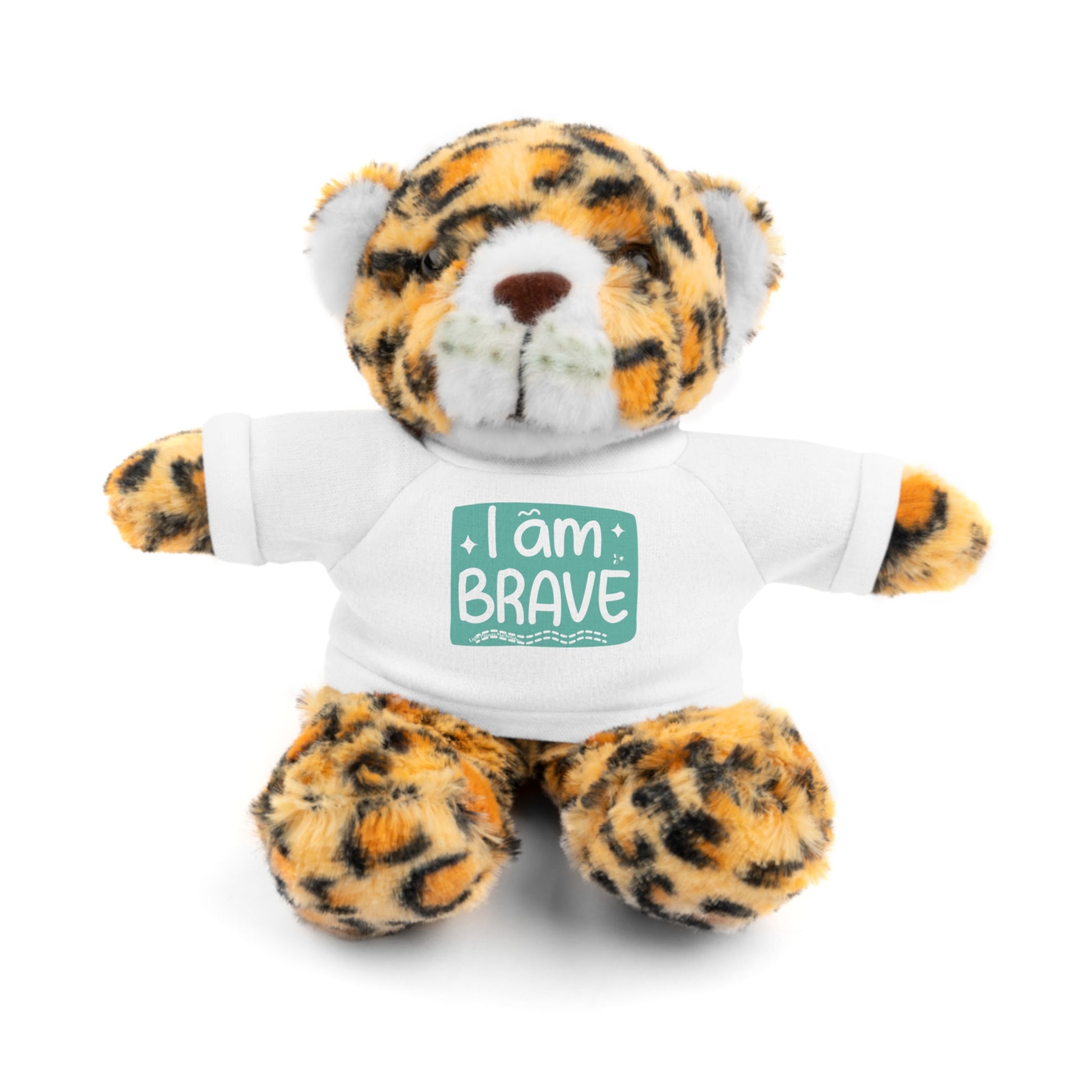 Cool Stuff Stuffies plush tiger with removable I am Brave tee, showcasing the customizable t-shirt feature, part of a six-animal collection.