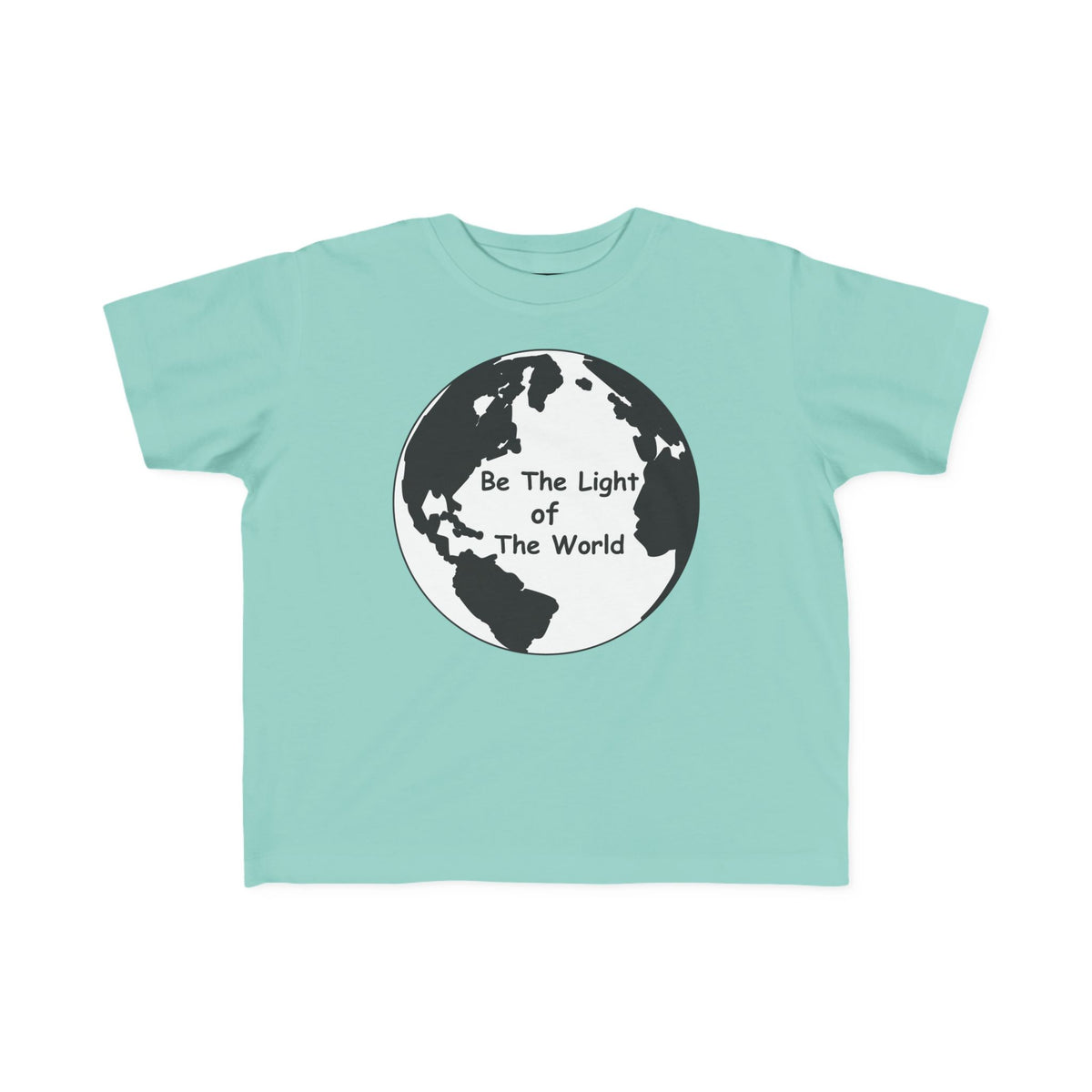 Light teal toddler T-shirt with crew neck and globe 'Be The Light Of The World' print
