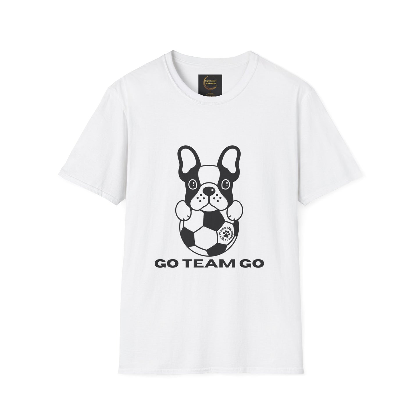 Soccer Dog Unisex T-Shirt featuring a cartoon French bulldog with a soccer ball and GO TEAM GO text, offering casual comfort and durability.