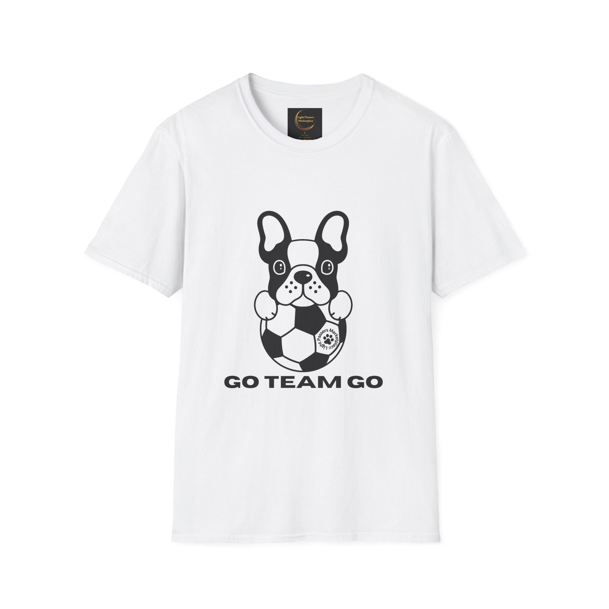 Soccer Dog Unisex T-Shirt featuring a cartoon French bulldog with a soccer ball and GO TEAM GO text, offering casual comfort and durability.