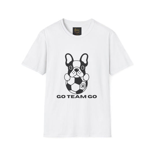 Soccer Dog Unisex T-Shirt featuring a cartoon French bulldog with a soccer ball and GO TEAM GO text, offering casual comfort and durability.