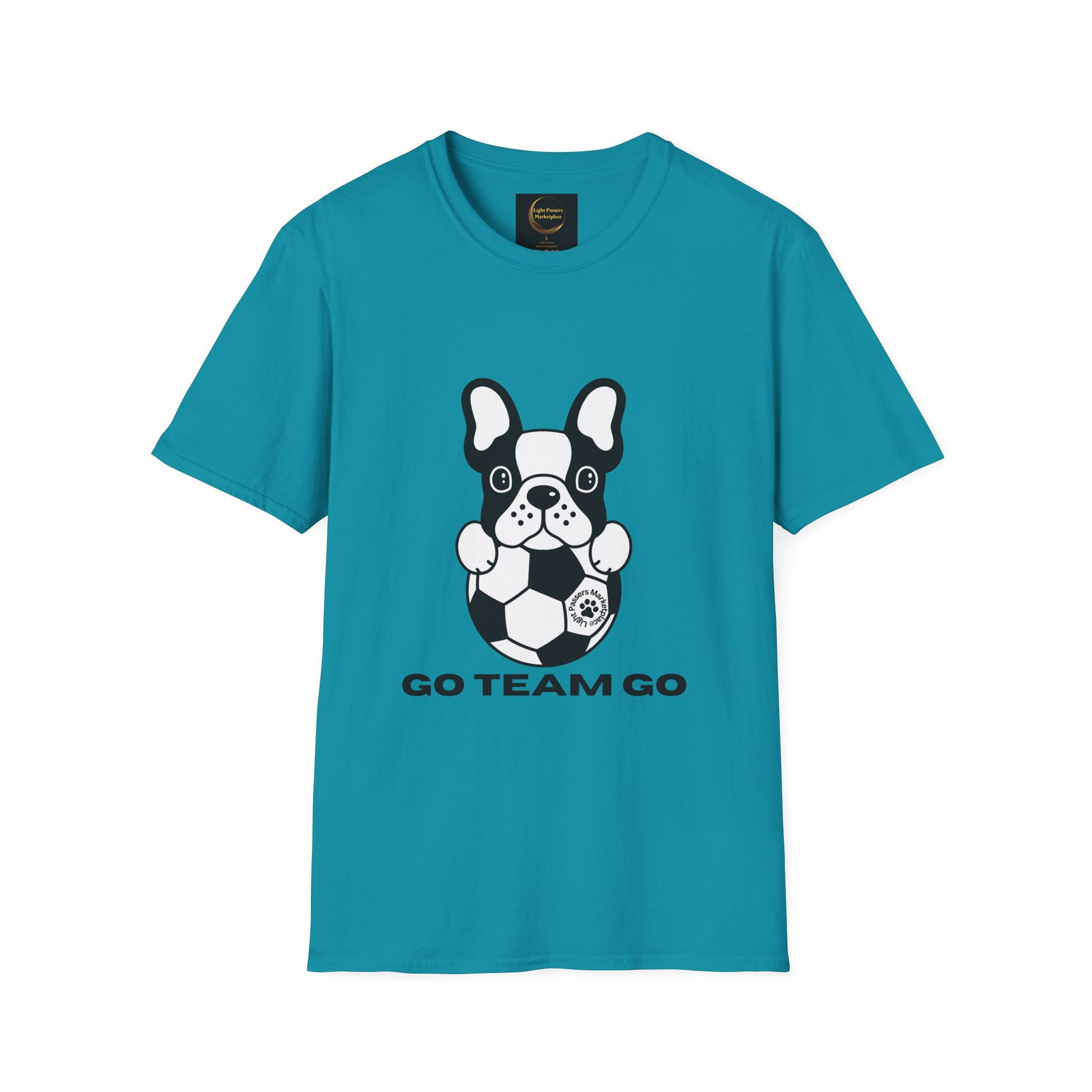 Soccer Dog Unisex T-Shirt features a French bulldog with a soccer ball and GO TEAM GO slogan, offering casual comfort and durable design.