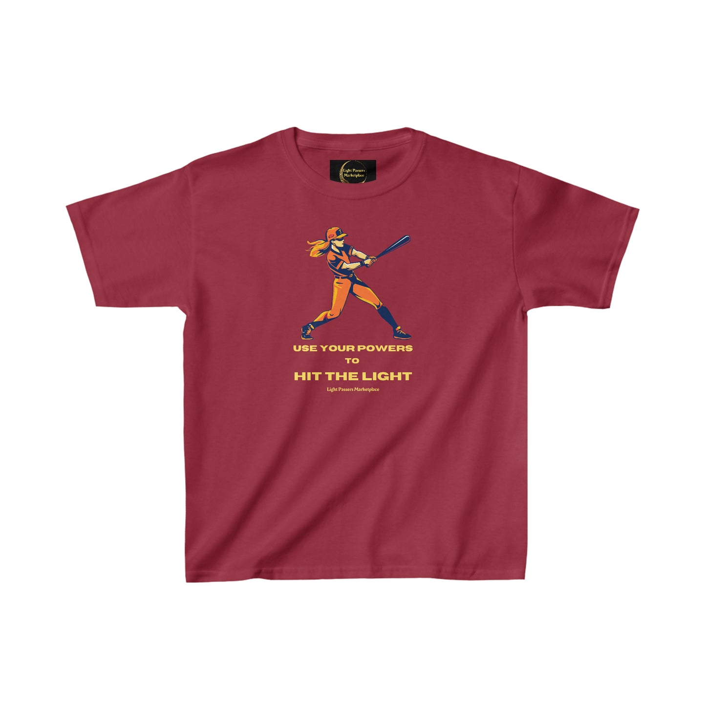 A red youth t-shirt featuring a baseball player graphic, ideal for everyday wear. Made with 100% cotton, twill tape shoulders, and curl-resistant collar for durability and comfort.