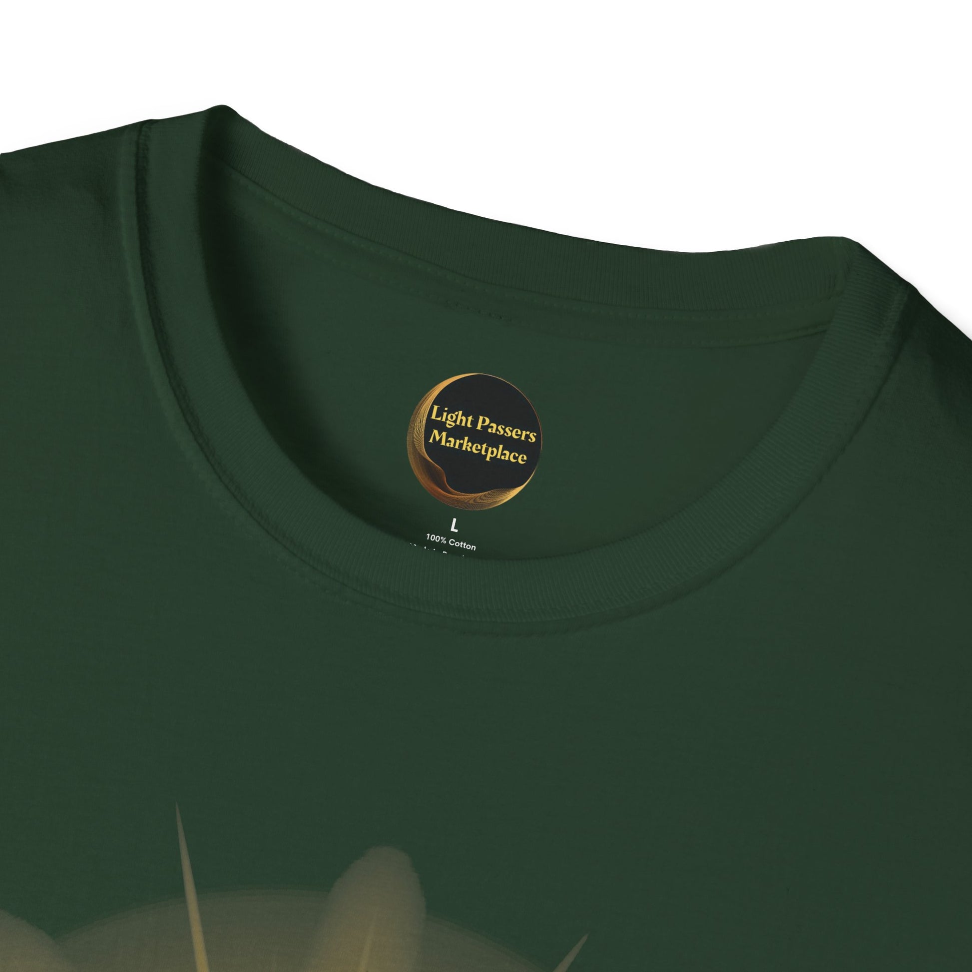 The Light 'we=mc2' Born of the Light Adult Unisex T-Shirt, featuring a unique science-inspired graphic with a yellow label, ideal for casual or statement wear.