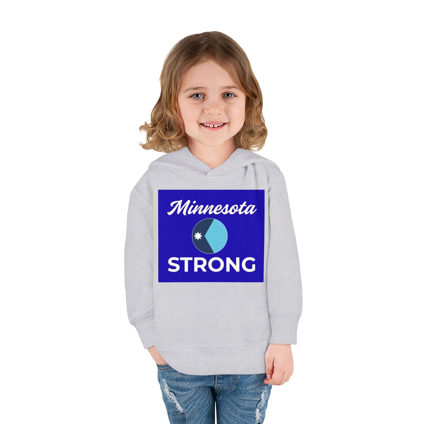 Toddler wearing Minnesota Strong hoodie, showcasing blue state pride graphic. Cozy fleece with side pockets, perfect for chilly adventures.