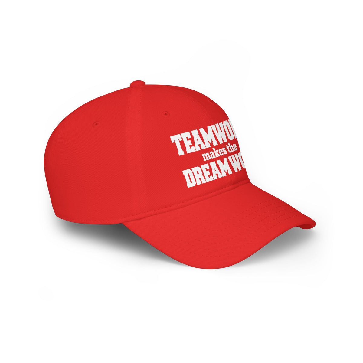 Red baseball cap angled side view with partial “TEAMWORK” text graphic.