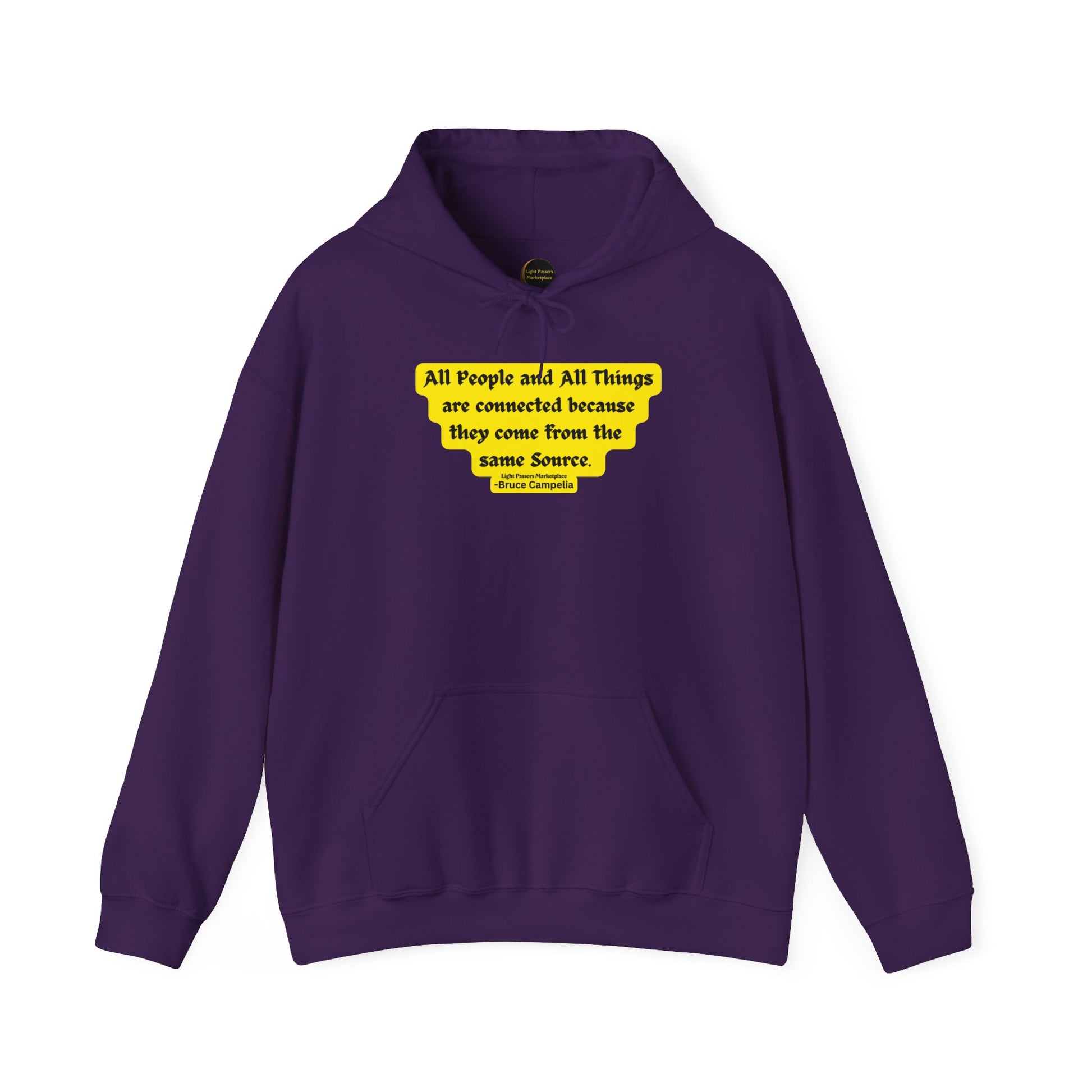 A purple hooded sweatshirt with a kangaroo pocket and color-matched drawstring. Made of 50% cotton and 50% polyester for warmth and comfort. Unisex.