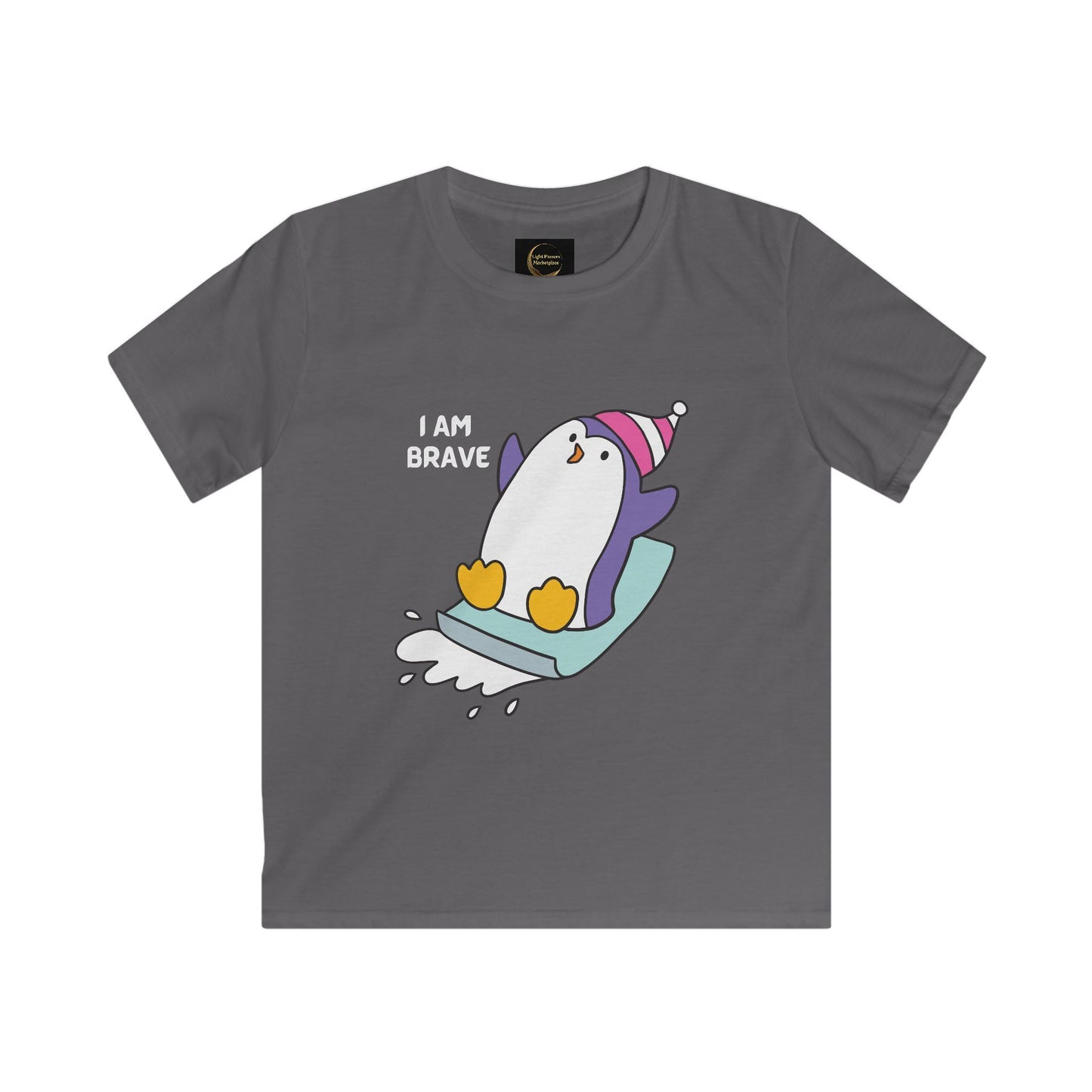 Youth Kids Penguin Tee - 'I AM BRAVE' Cute Cartoon Penguin T-Shirt for Children Dark Colors