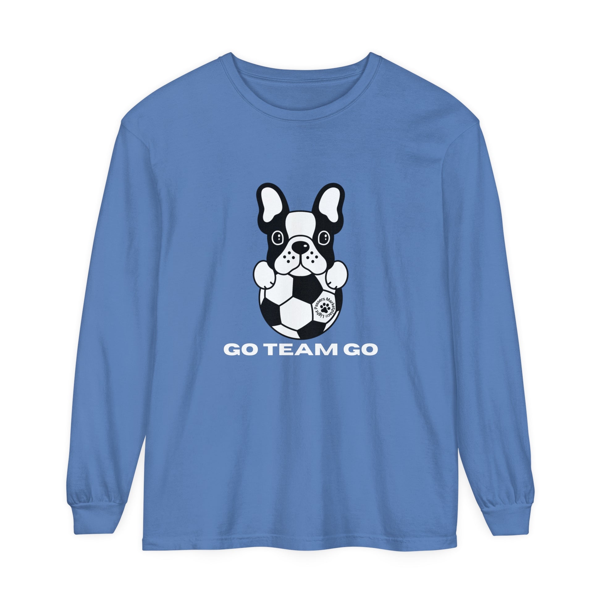 Teams Soccer Dog Adult Unisex Garment-dyed Long Sleeve, featuring a dog with a football, offers a relaxed fit and soft, 100% ring-spun cotton fabric.