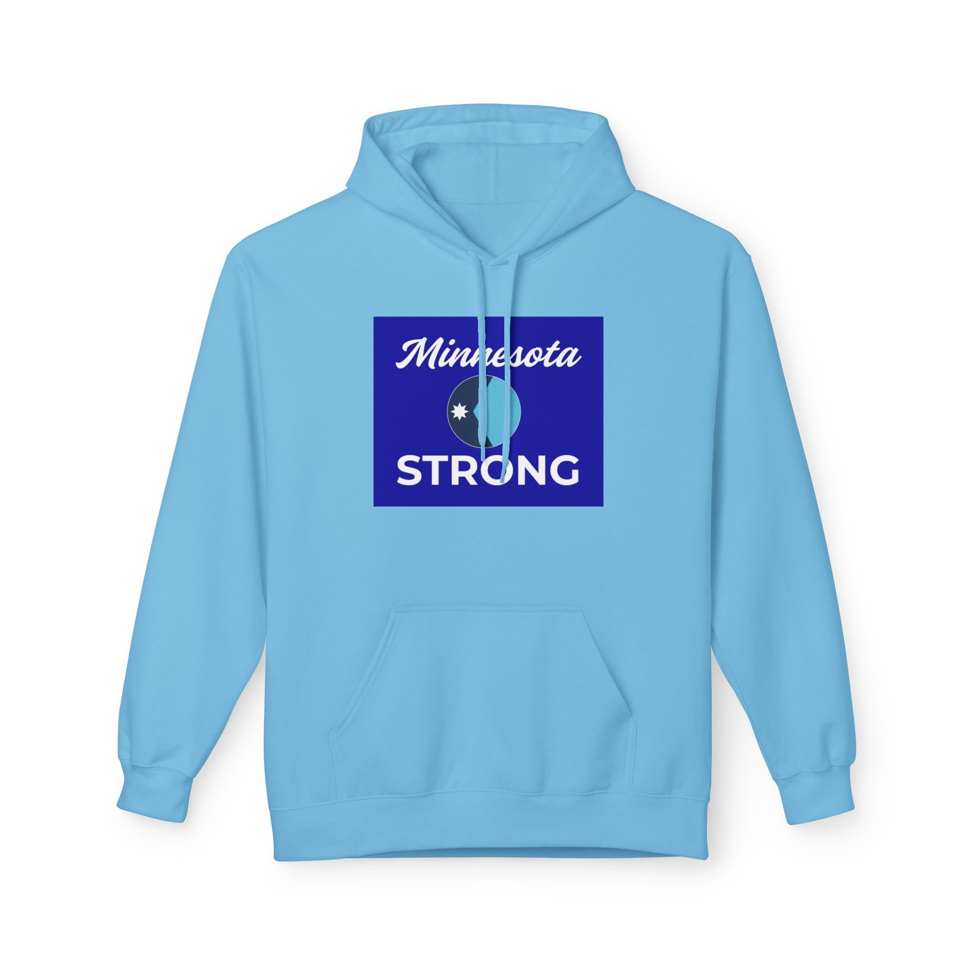 Light-blue hoodie with Minnesota STRONG graphic, featuring a state outline and star emblem, highlighting resilience and state pride.
