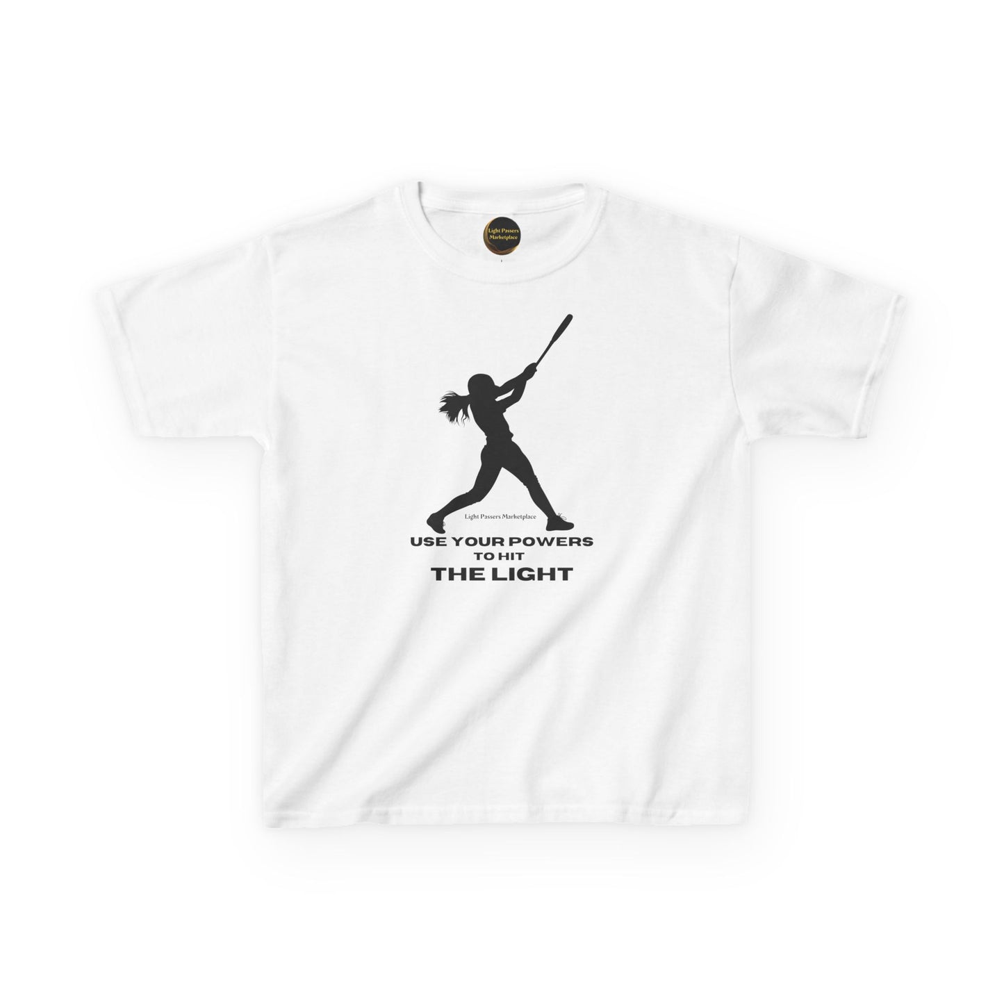Youth white T-shirt featuring a batter silhouette with USE YOUR POWERS TO HIT THE LIGHT text, branded Light Passers Marketplace, highlighting durability and comfort.