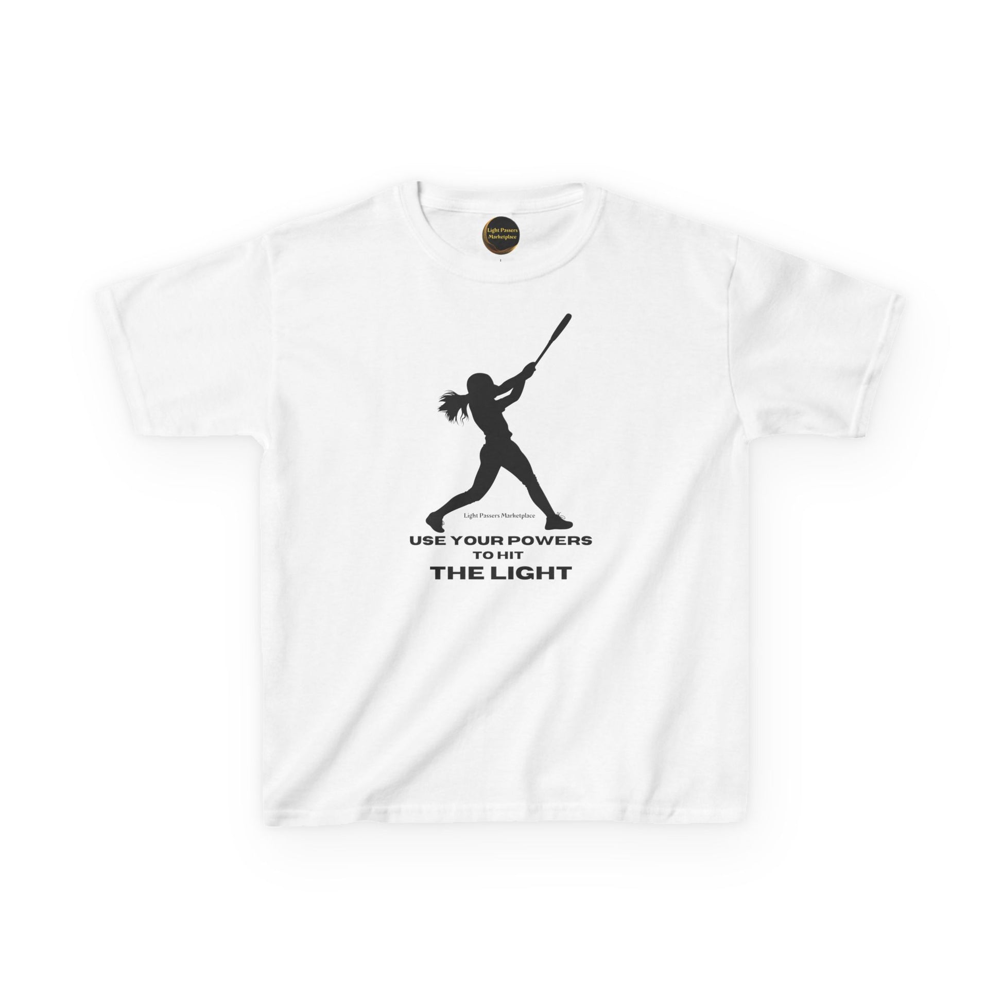 Youth white T-shirt featuring a batter silhouette with USE YOUR POWERS TO HIT THE LIGHT text, branded Light Passers Marketplace, highlighting durability and comfort.