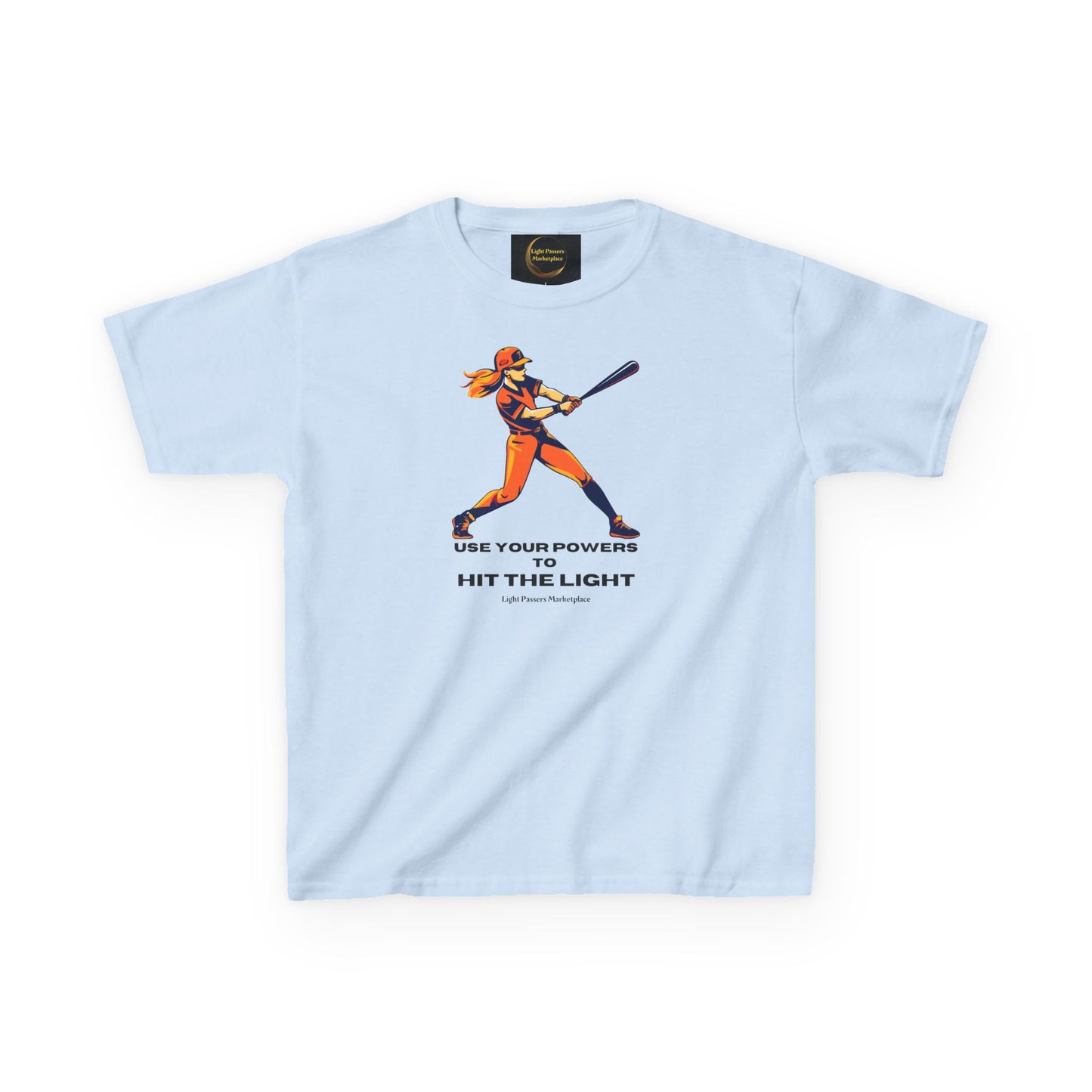 Youth T-shirt featuring a female athlete illustration with USE YOUR POWERS TO HIT THE LIGHT slogan, emphasizing inspiration from Light Passers Marketplace.