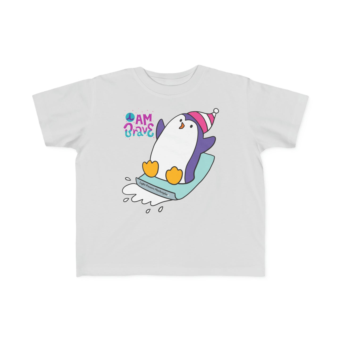 A Brave Penguin Toddler T-shirt, featuring a cartoon penguin on white fabric. Soft, durable 100% combed cotton, light 4.5 oz/yd² fabric, tear-away label, classic fit. Ideal for sensitive skin.