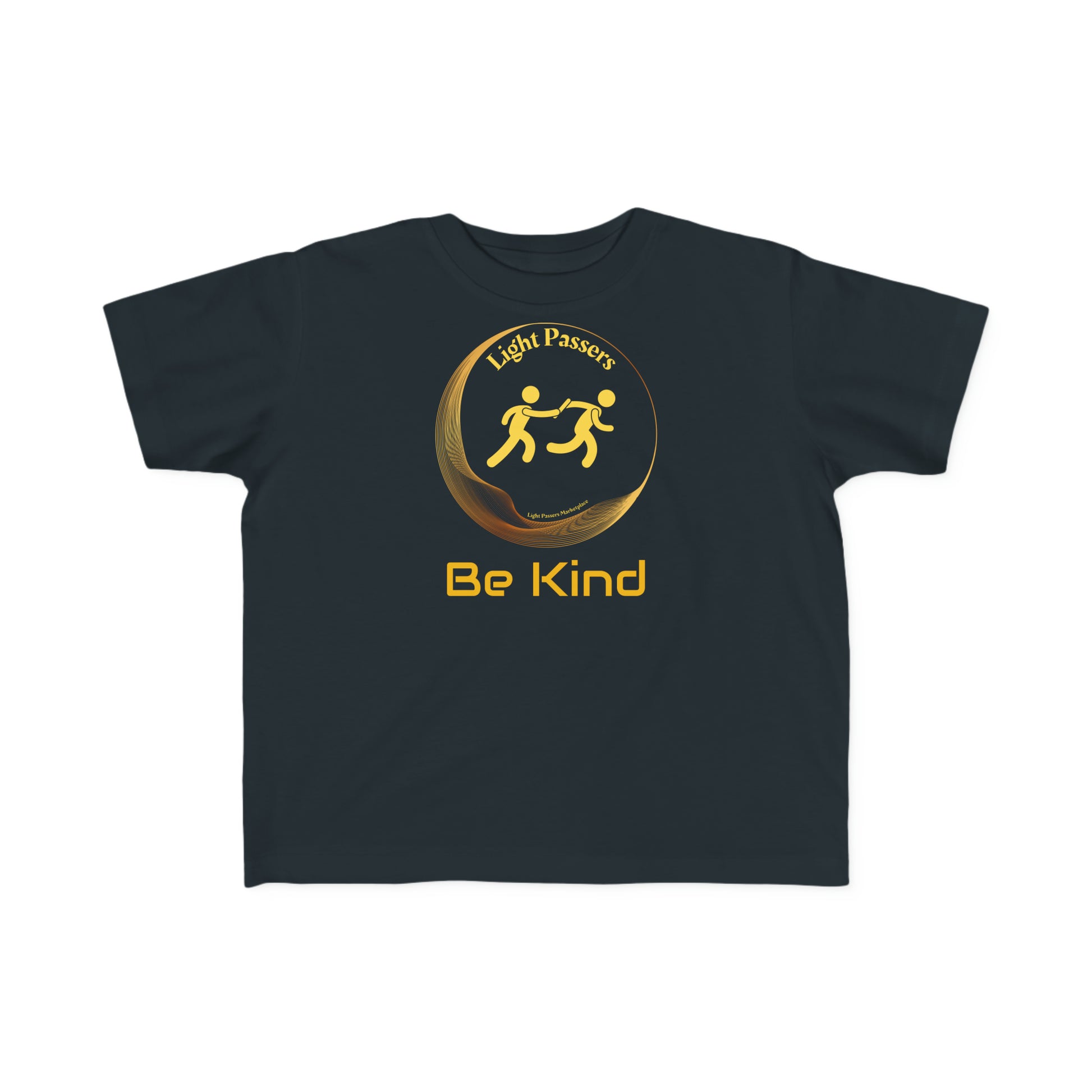 A toddler's tee featuring Light Passers Relay Be Kind logo on black fabric. Soft 100% combed cotton, durable print, tear-away label, classic fit. Ideal for sensitive skin, first adventures.