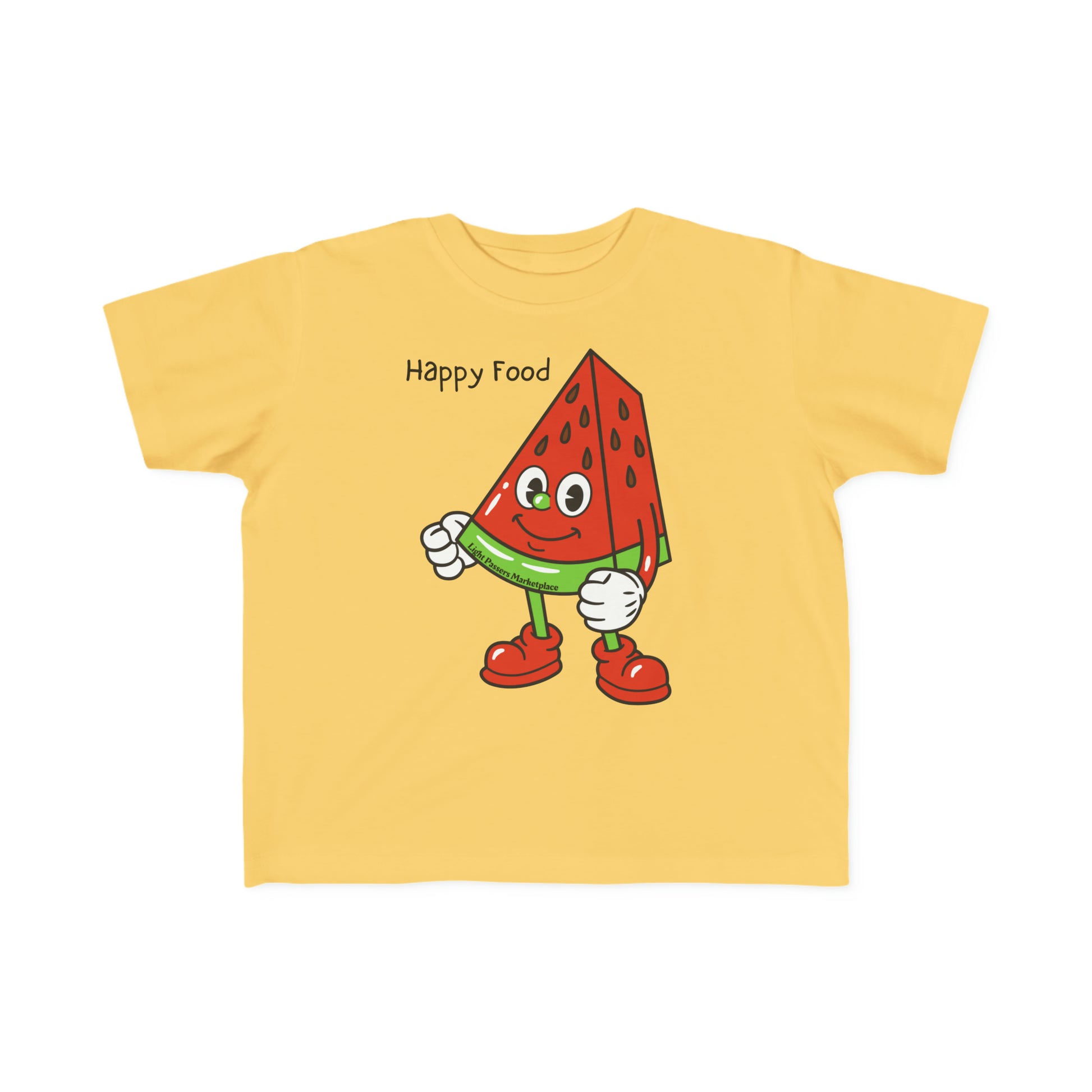 A yellow toddler t-shirt featuring a cartoon watermelon design with a hand holding a green ribbon. Made of soft, durable 100% combed cotton, perfect for sensitive skin.