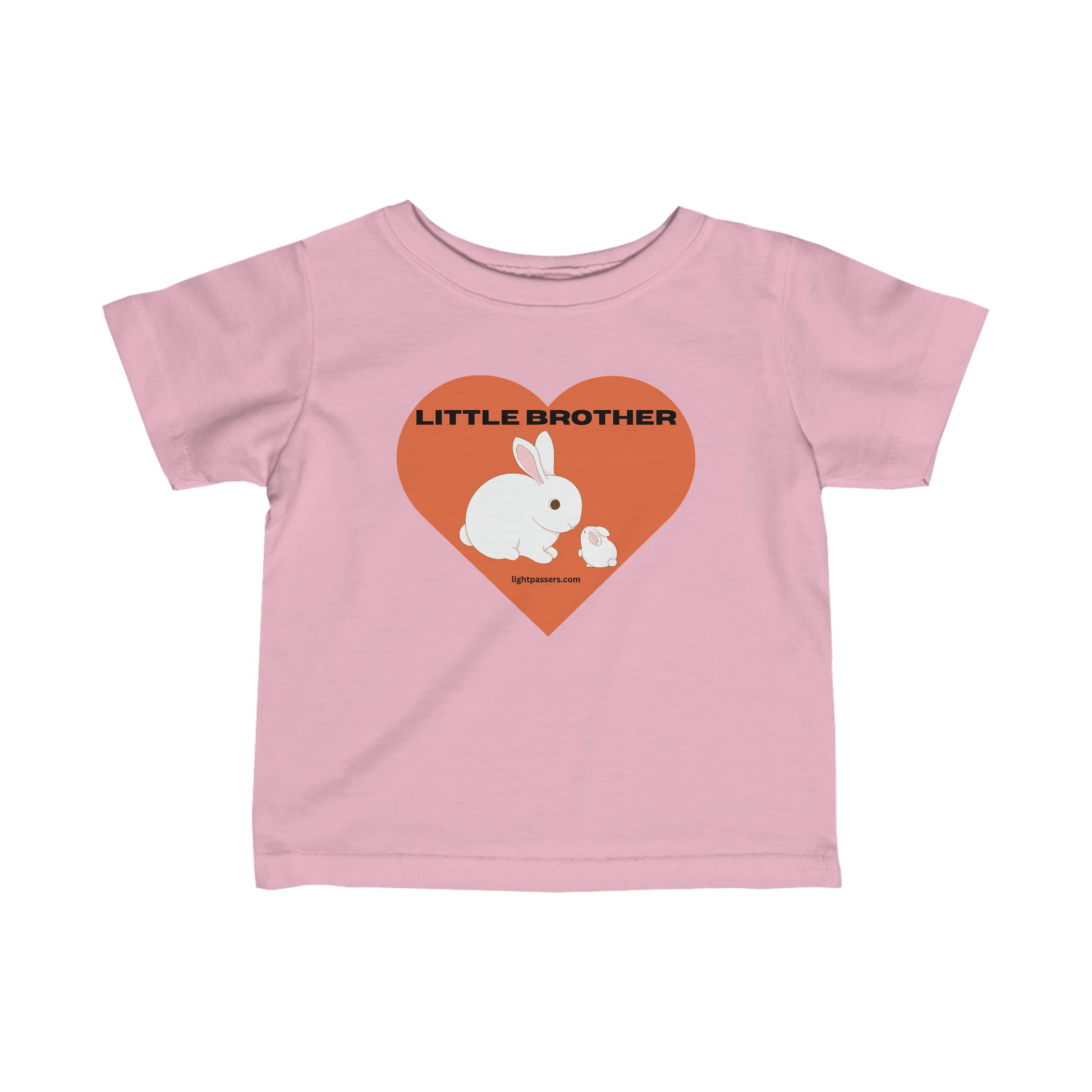 Infant fine jersey tee with a rabbit and heart design, featuring ribbed knitting for durability and taped shoulders for a comfy fit. Little Brother Baby T-shirt for younglings.
